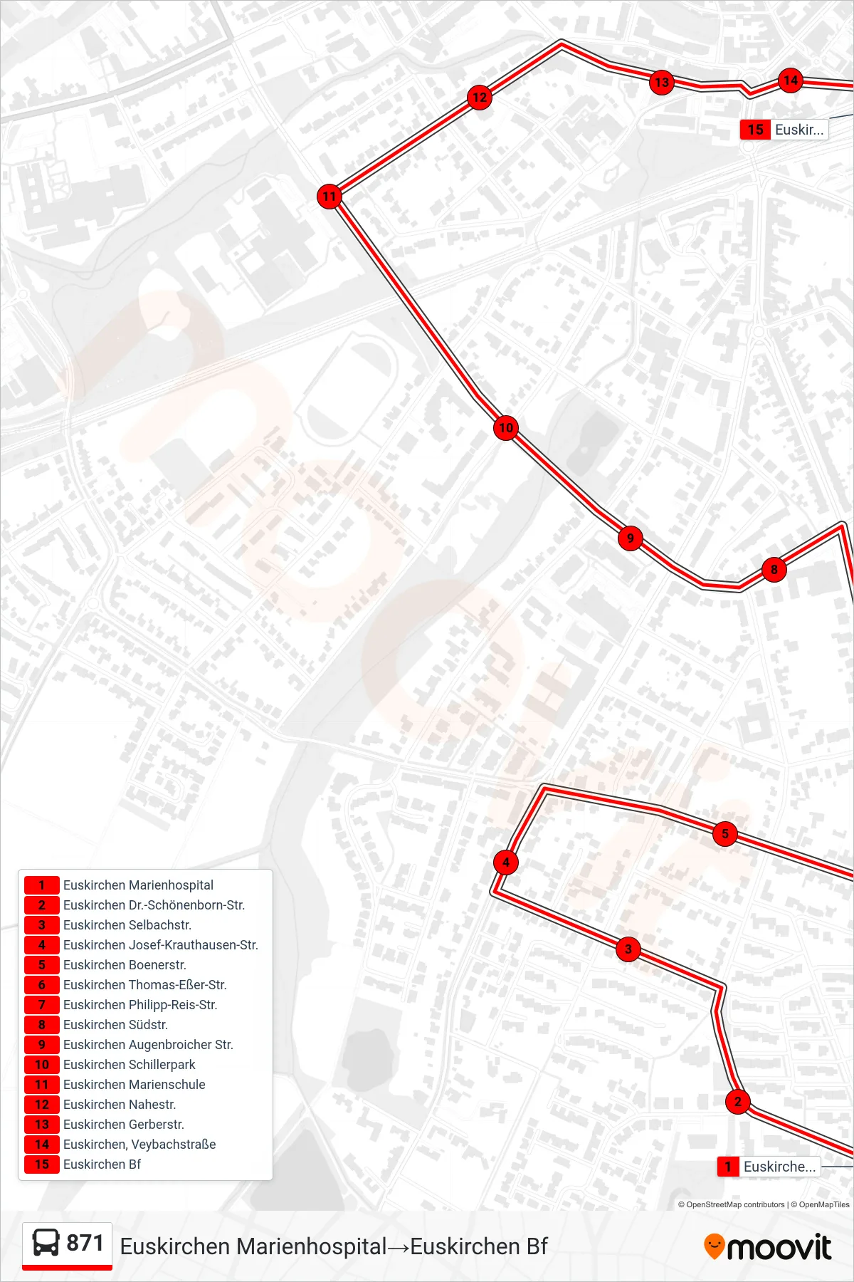 Linie 871 (Bus) Richtung Euskirchen Marienhospital→Euskirchen Bf: Route und Haltestellen auf der Karte