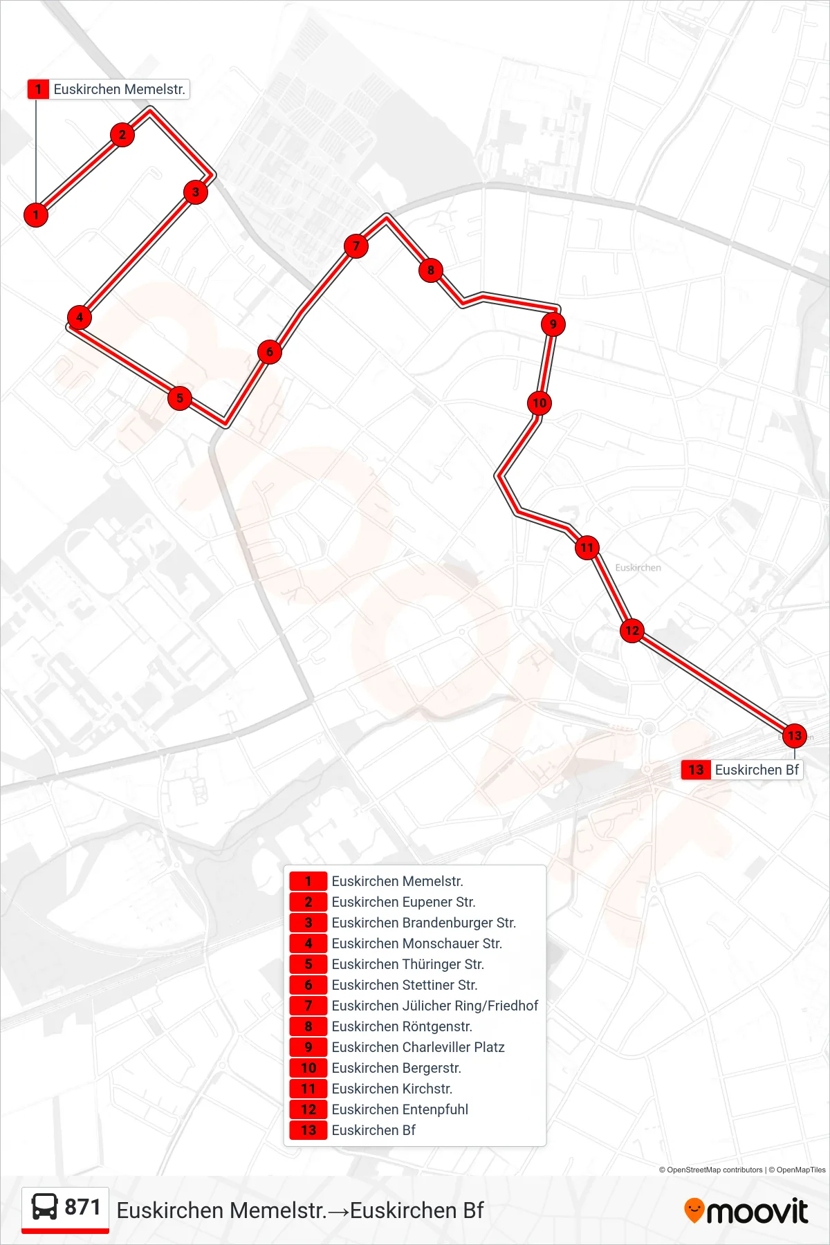 Linie 871 (Bus) Richtung Euskirchen Memelstr.→Euskirchen Bf: Route und Haltestellen auf der Karte