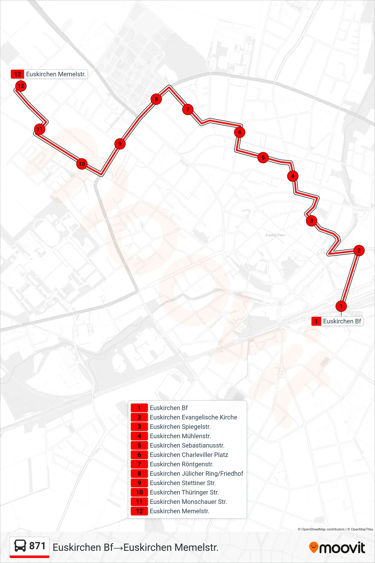 Linie 871 (Bus) Richtung Euskirchen Bf→Euskirchen Memelstr.: Route und Haltestellen auf der Karte