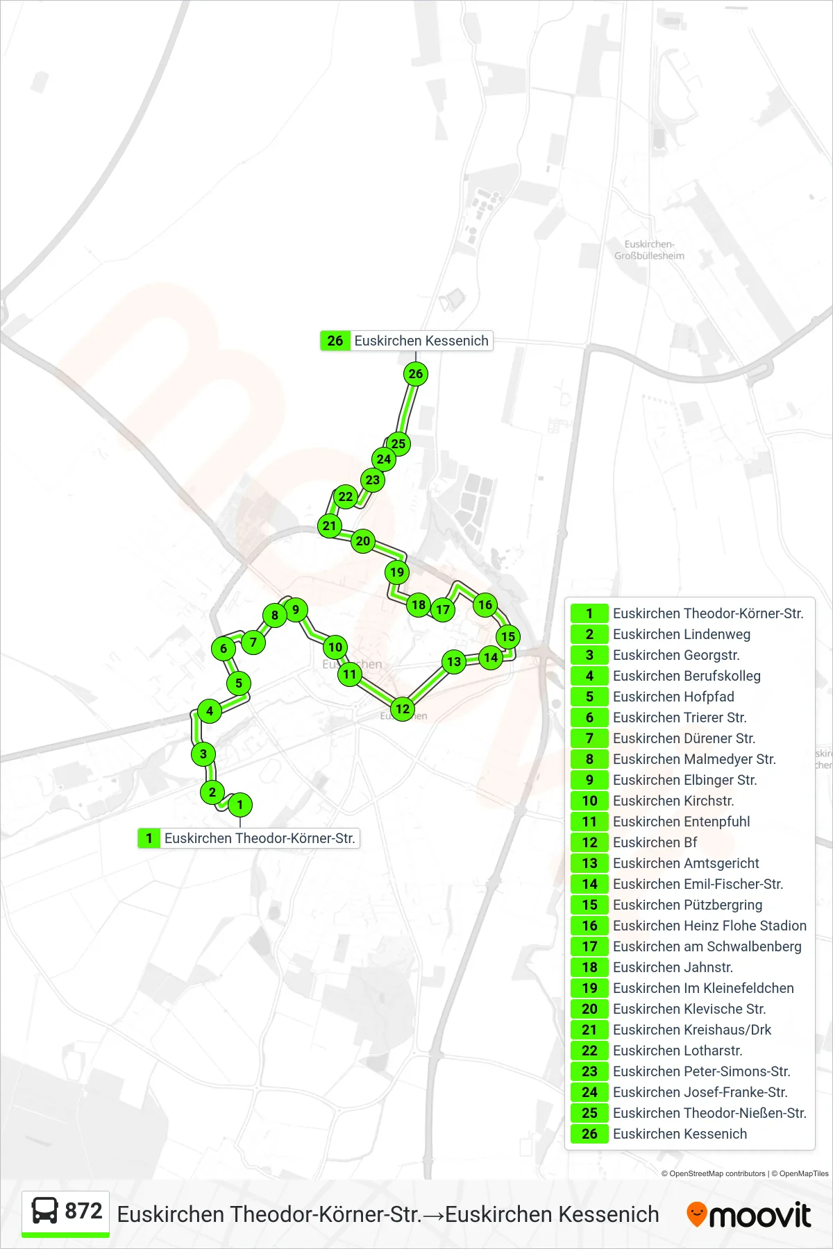 872 bus Line (Euskirchen Theodor-Körner-Str.→Euskirchen Kessenich) route and stops on a map