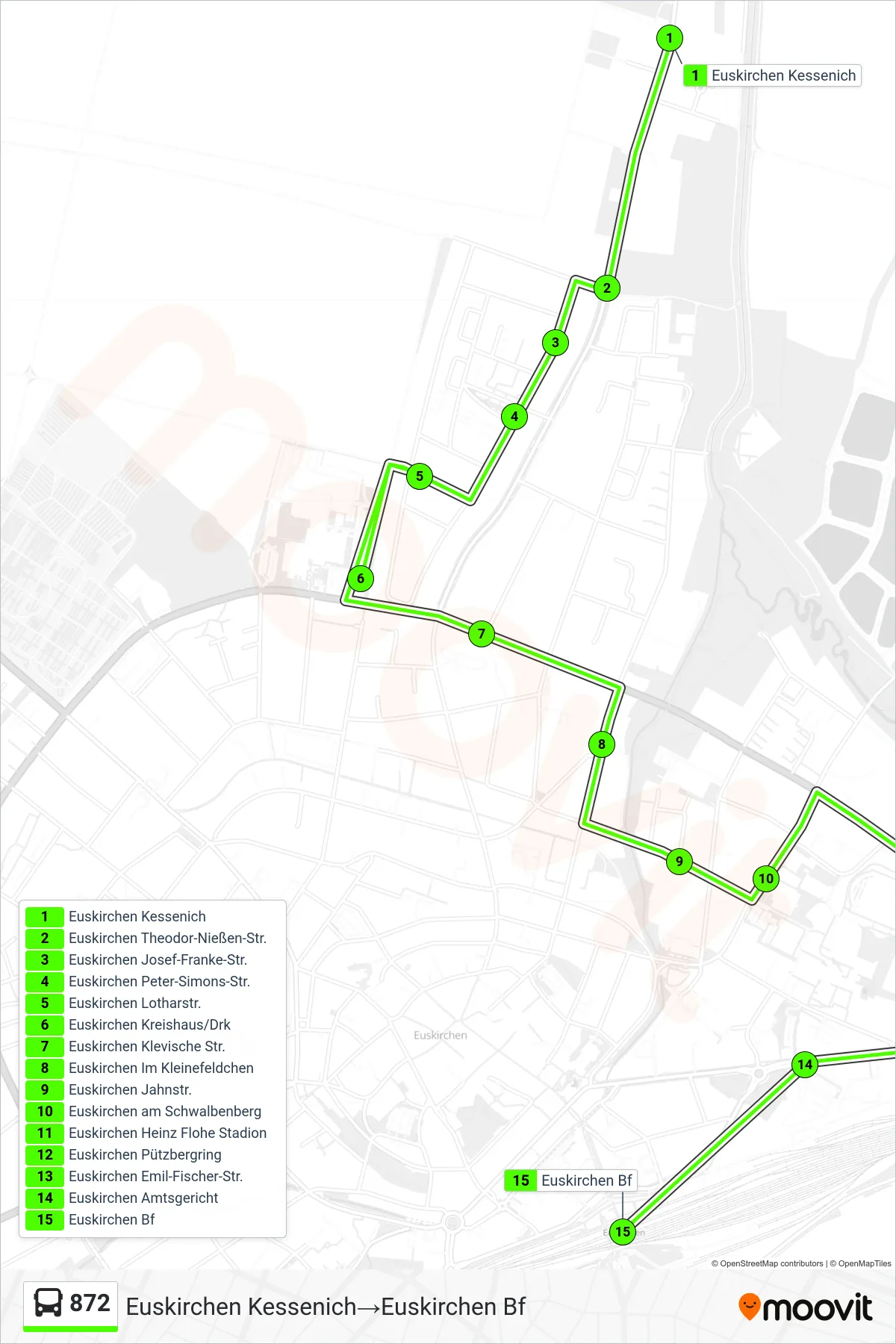 872 bus Line (Euskirchen Kessenich→Euskirchen Bf) route and stops on a map
