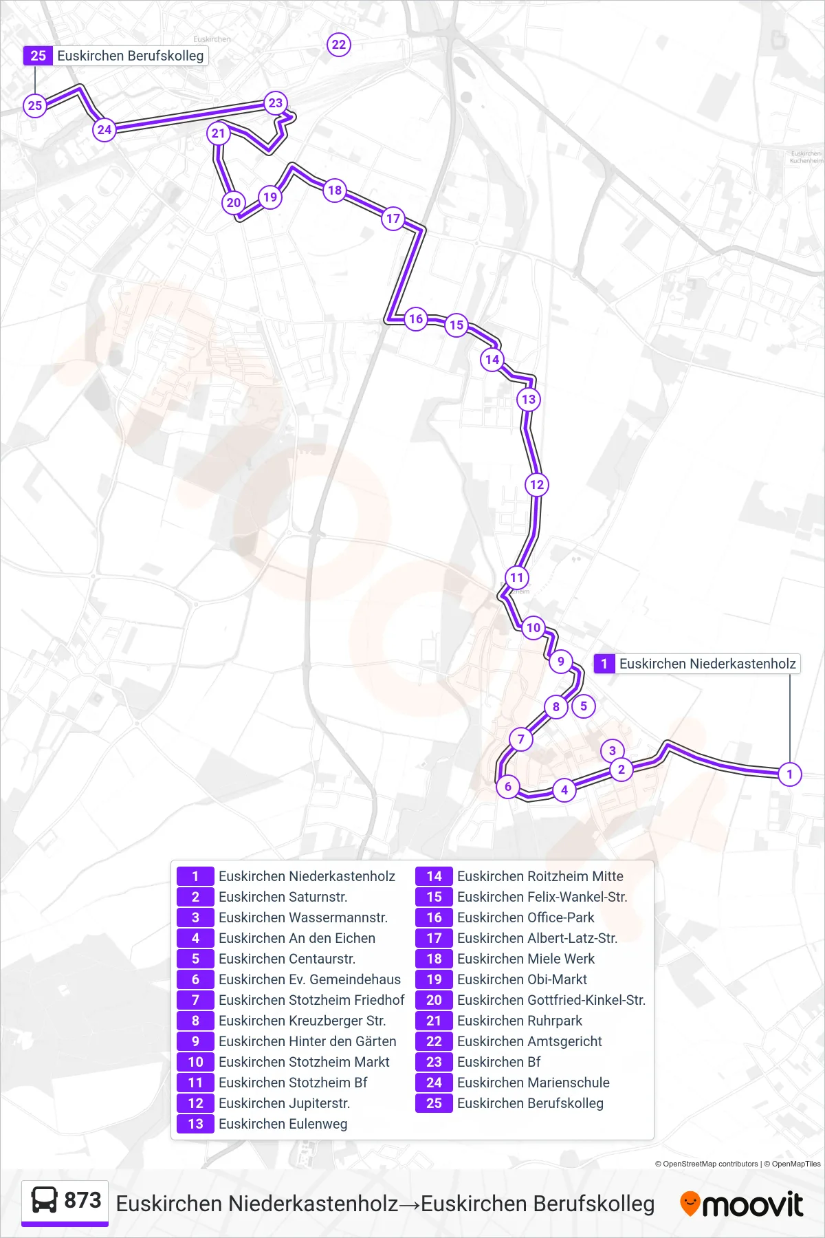 873 bus Line (Euskirchen Niederkastenholz→Euskirchen Berufskolleg) route and stops on a map