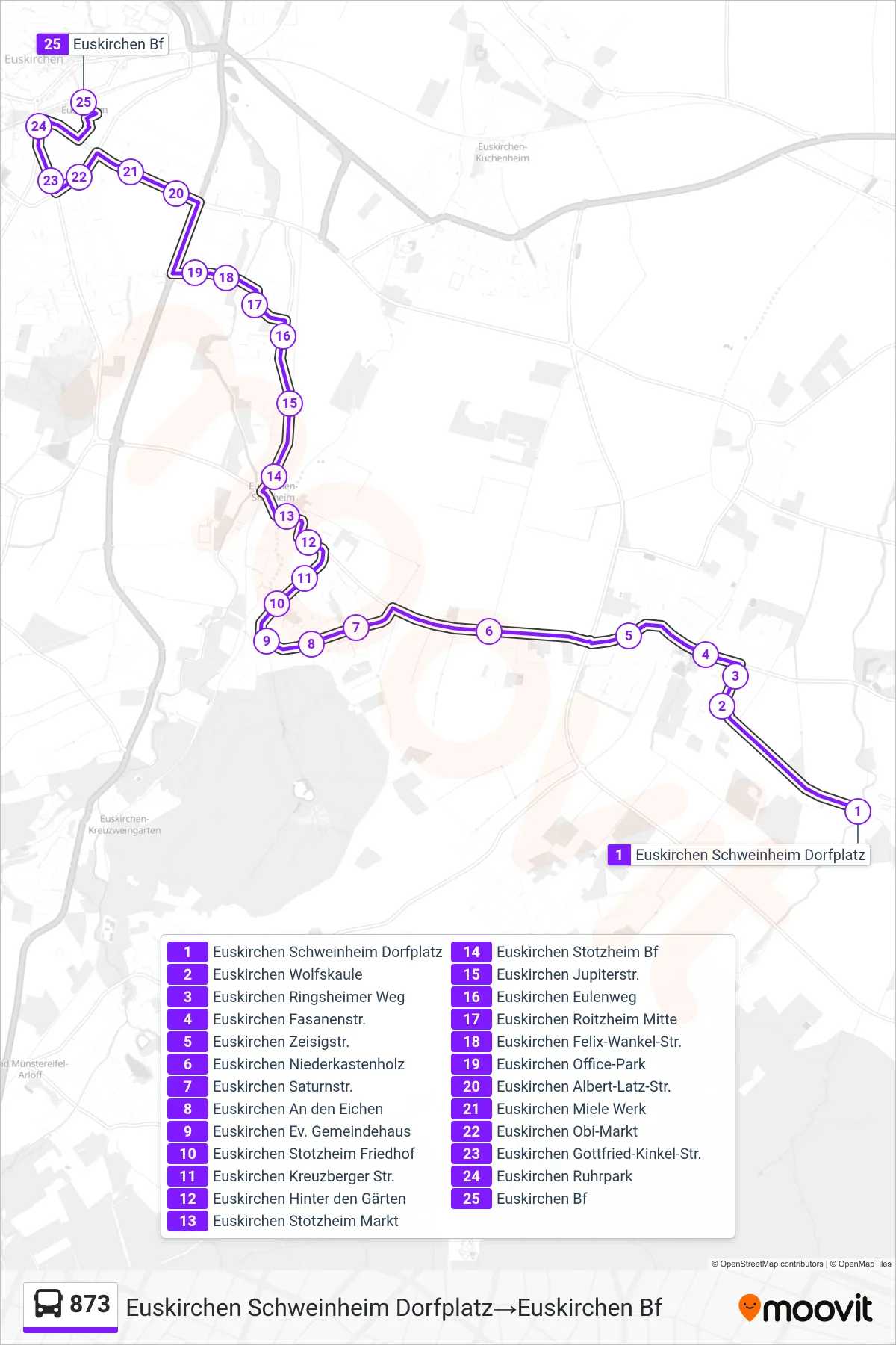 Linie 873 (Bus) Richtung Euskirchen Schweinheim Dorfplatz‎→Euskirchen Bf: Route und Haltestellen auf der Karte