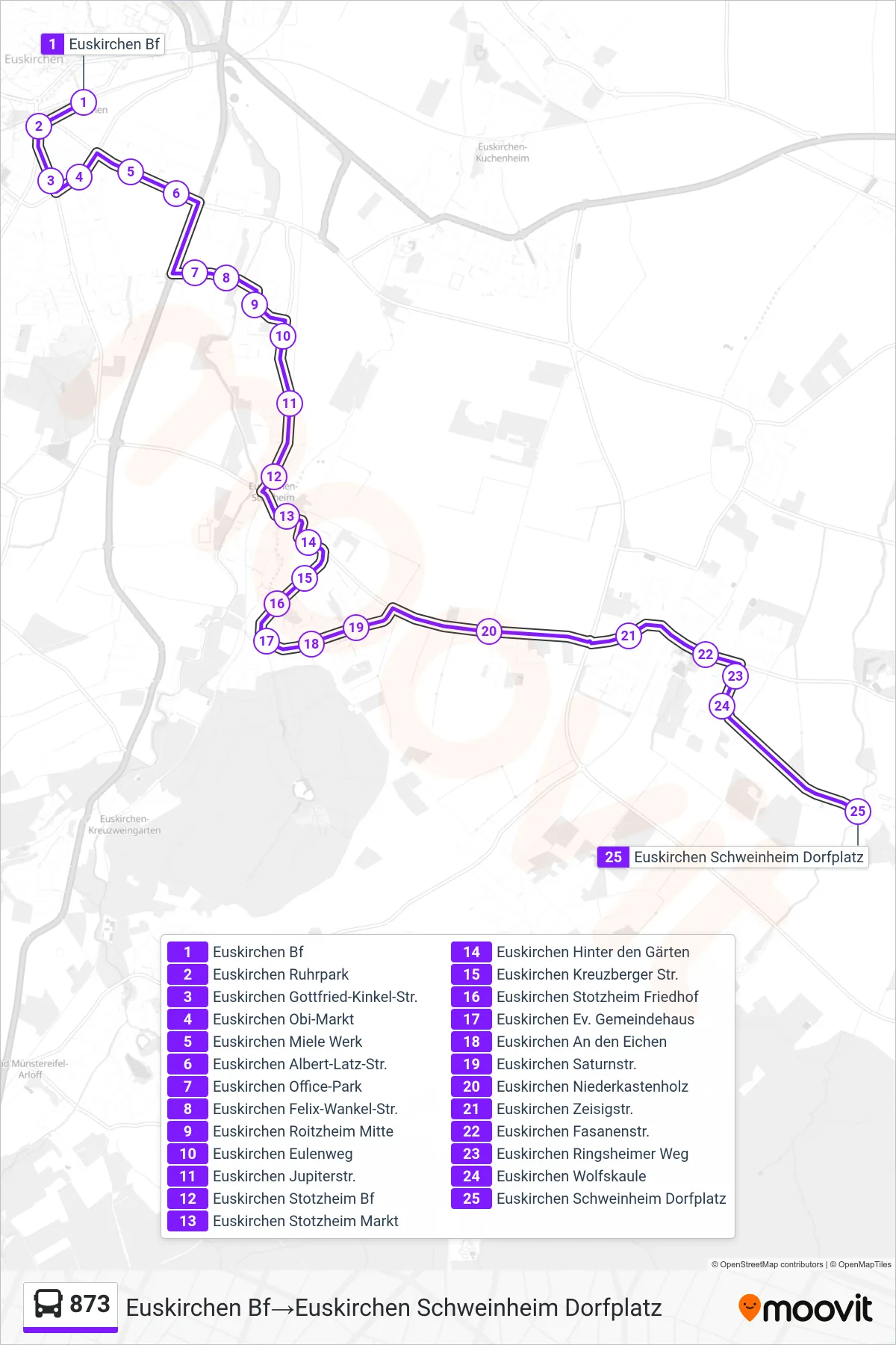 873 bus Line (Euskirchen Bf→Euskirchen Schweinheim Dorfplatz) route and stops on a map