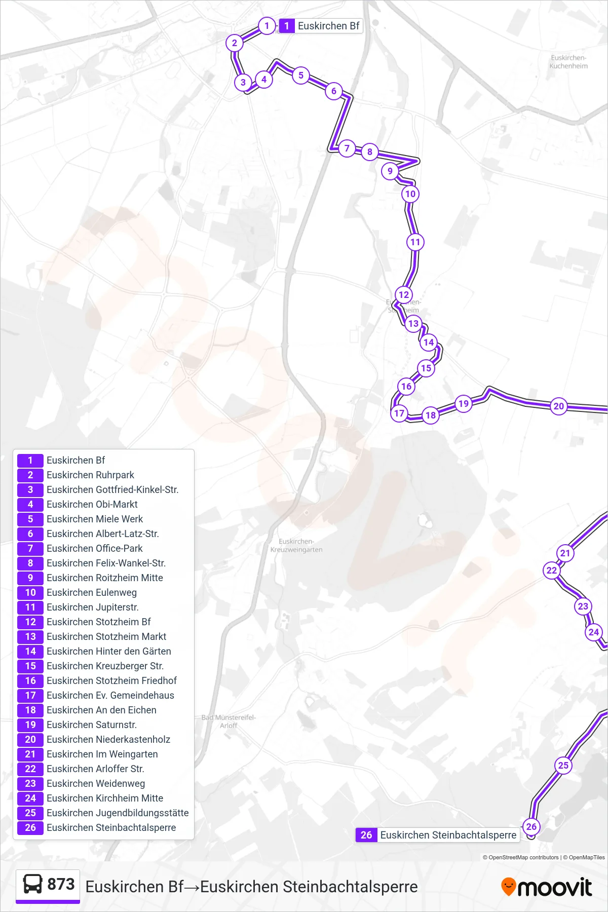 Linie 873 (Bus) Richtung Euskirchen Bf→Euskirchen Steinbachtalsperre: Route und Haltestellen auf der Karte