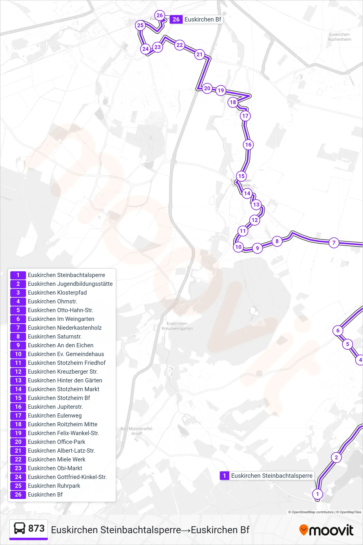 Linie 873 (Bus) Richtung Euskirchen Steinbachtalsperre→Euskirchen Bf: Route und Haltestellen auf der Karte