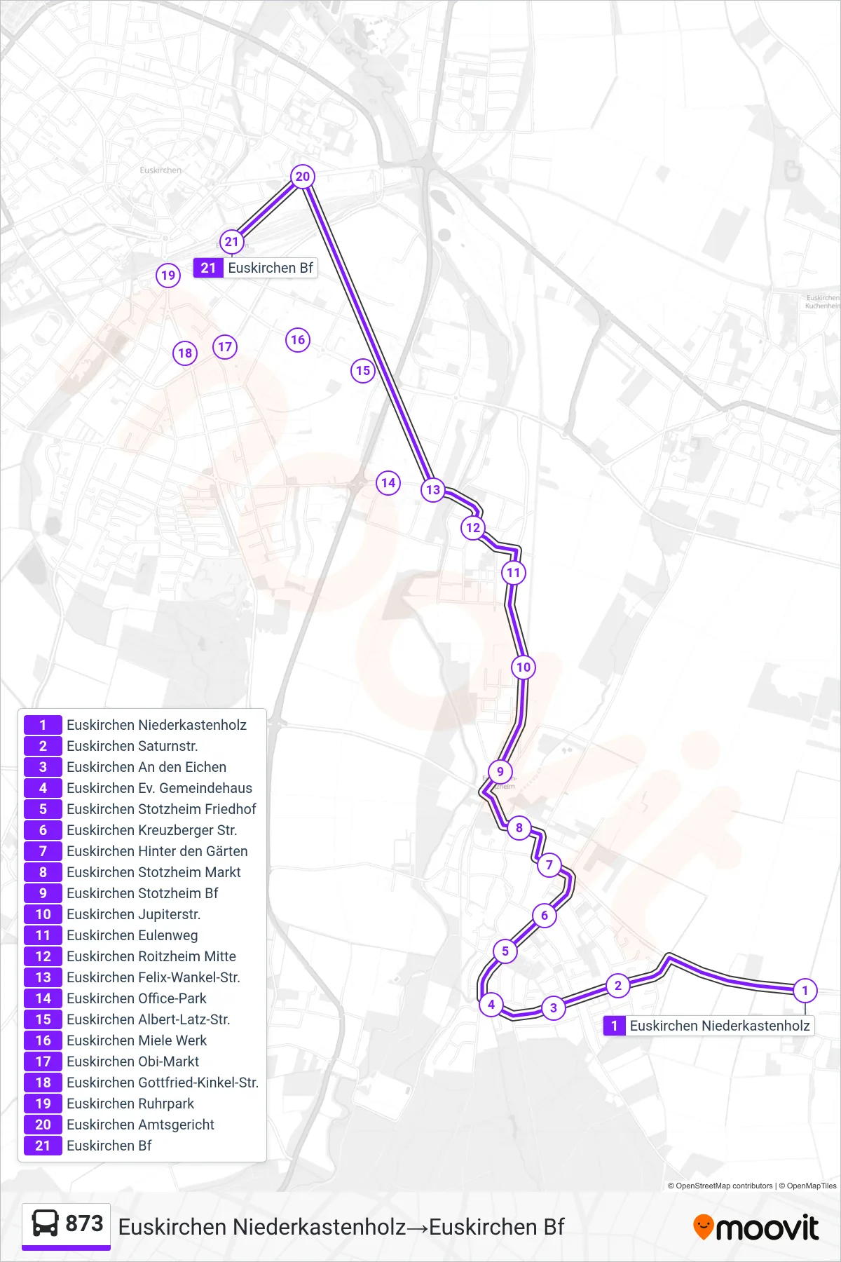 Linie 873 (Bus) Richtung Euskirchen Niederkastenholz‎→Euskirchen Bf: Route und Haltestellen auf der Karte