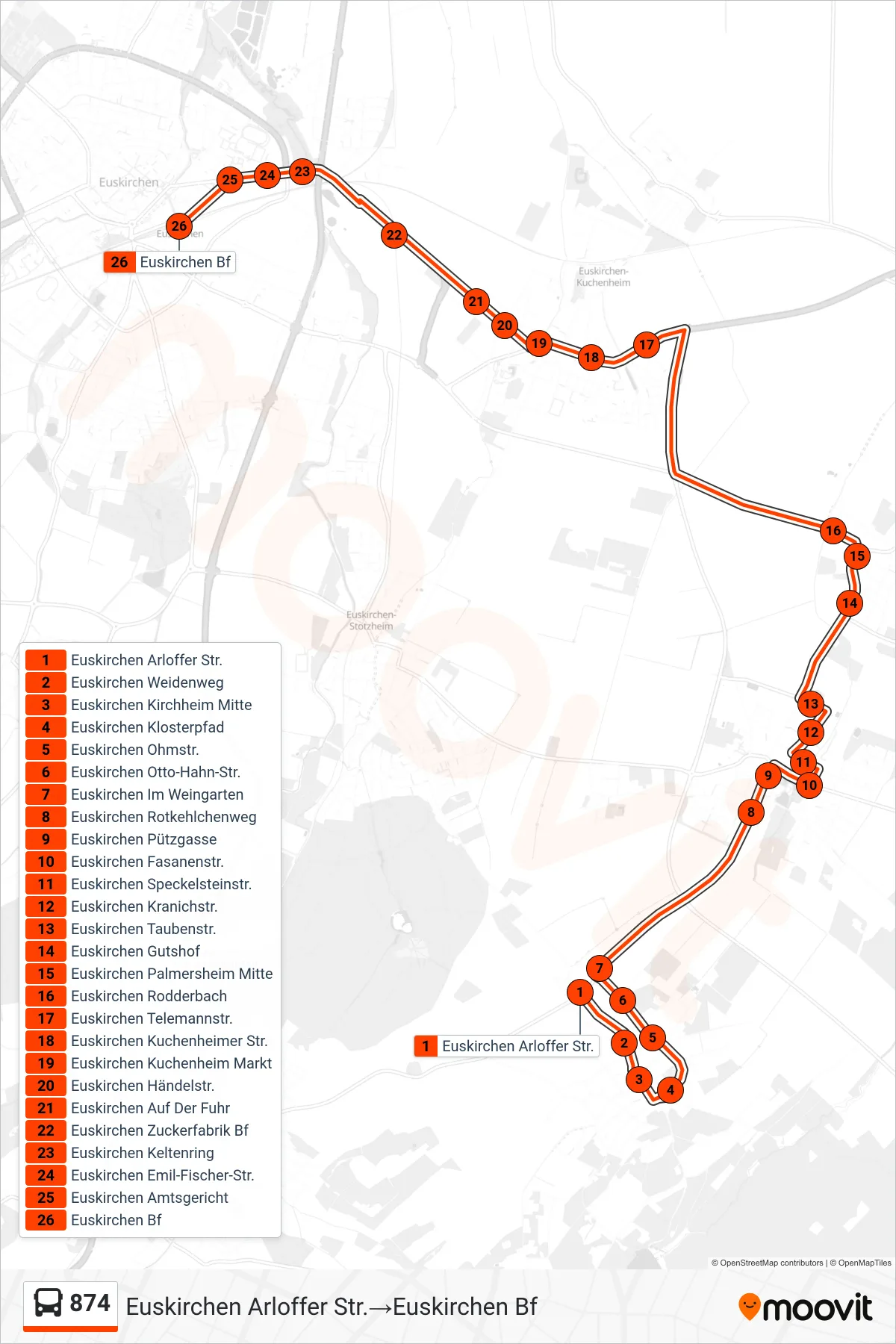 Linie 874 (Bus) Richtung Euskirchen Arloffer Str.‎→Euskirchen Bf: Route und Haltestellen auf der Karte