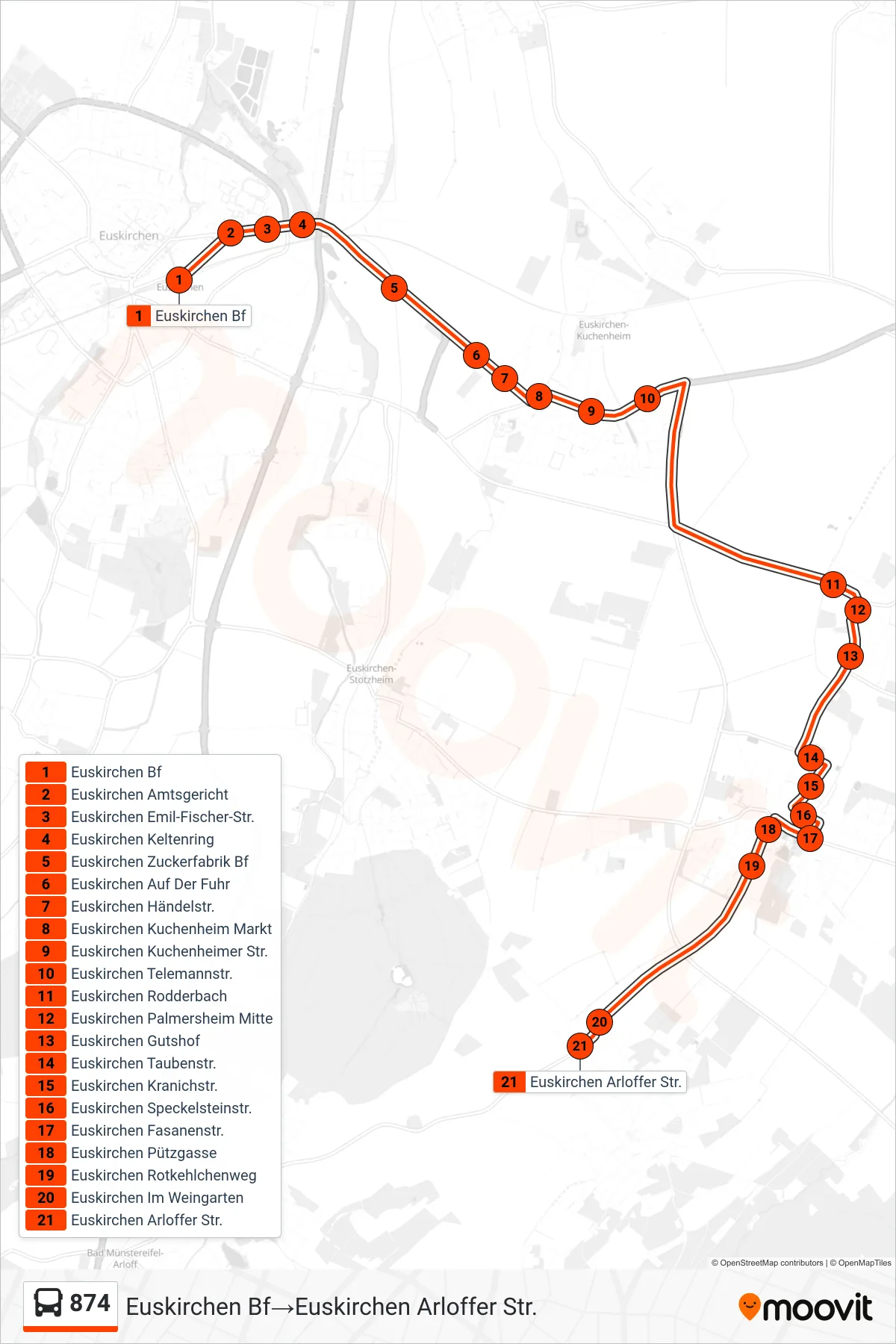 Linie 874 (Bus) Richtung Euskirchen Bf→Euskirchen Arloffer Str.: Route und Haltestellen auf der Karte