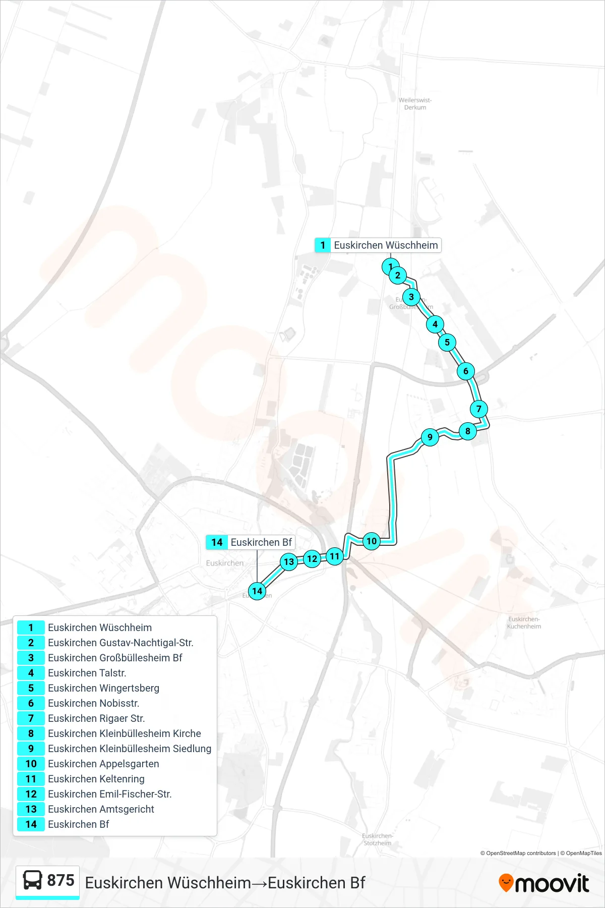 Linie 875 (Bus) Richtung Euskirchen Wüschheim→Euskirchen Bf: Route und Haltestellen auf der Karte