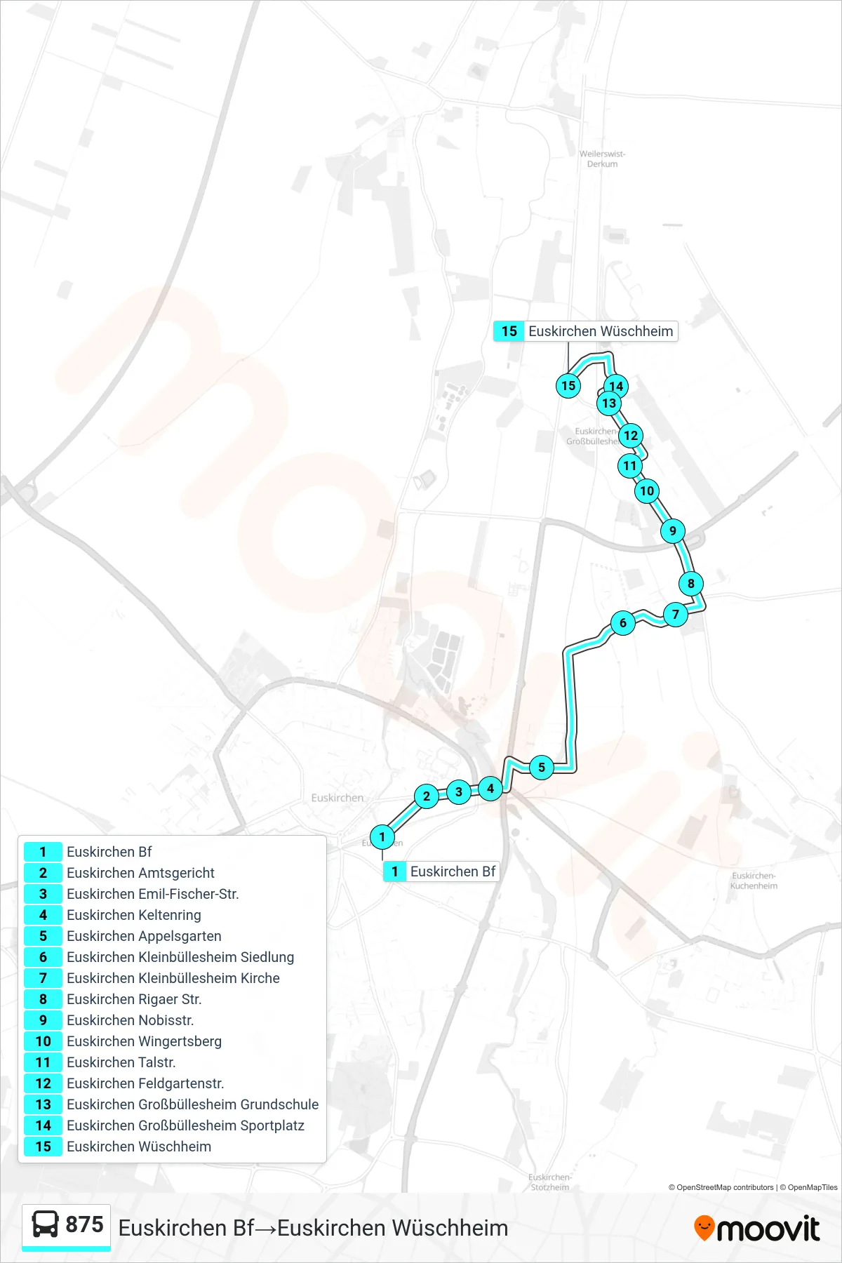 Linie 875 (Bus) Richtung Euskirchen Bf→Euskirchen Wüschheim: Route und Haltestellen auf der Karte