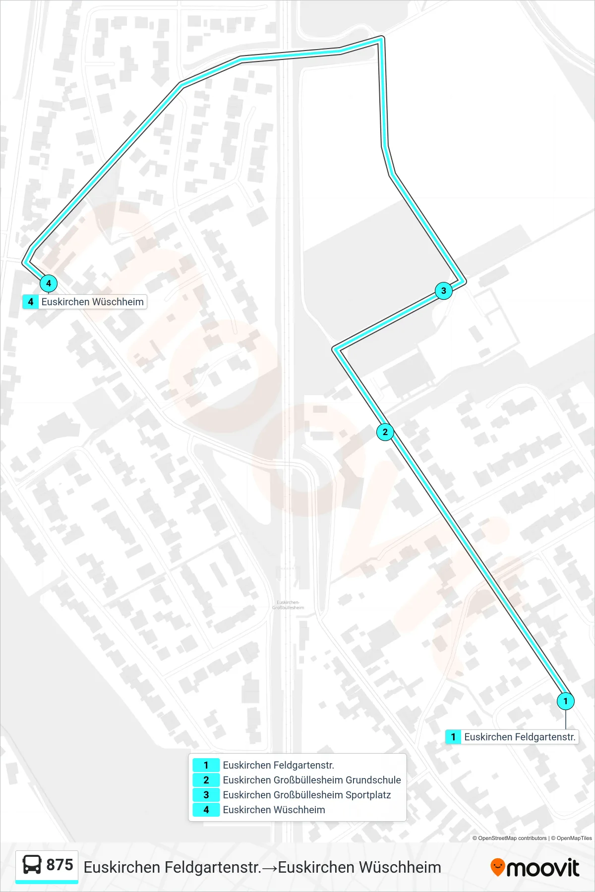 875 bus Line (Euskirchen Feldgartenstr.→Euskirchen Wüschheim) route and stops on a map