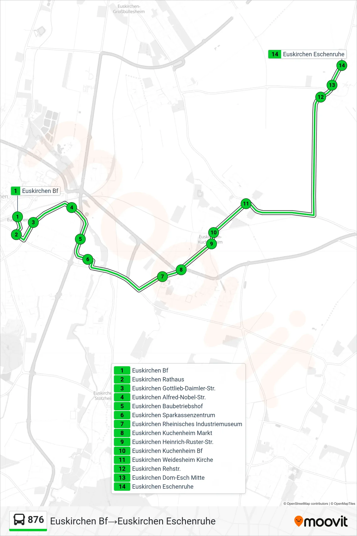 876 bus Line (Euskirchen Bf→Euskirchen Eschenruhe) route and stops on a map