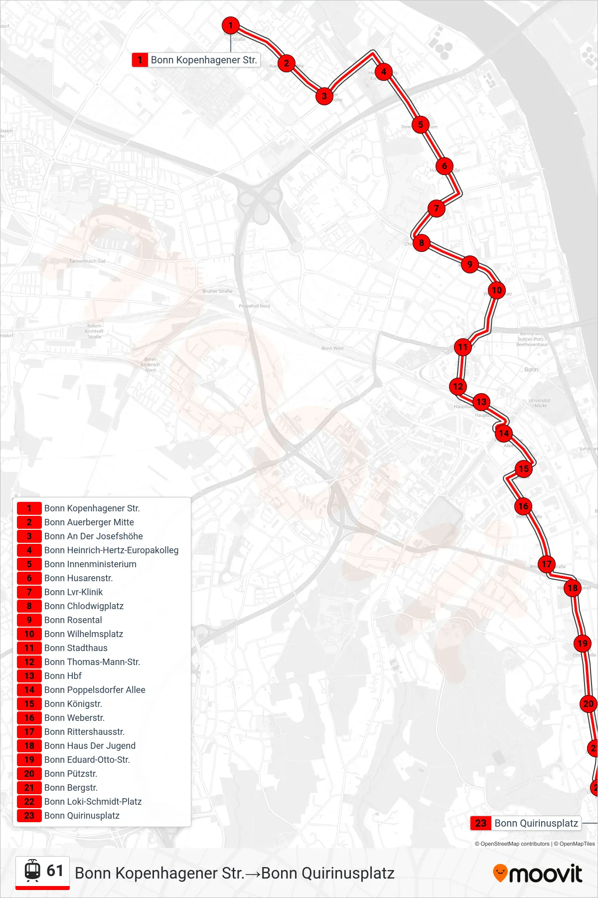 Linie 61 (Straßenbahn) Richtung Bonn Kopenhagener Str.→Bonn Quirinusplatz: Route und Haltestellen auf der Karte