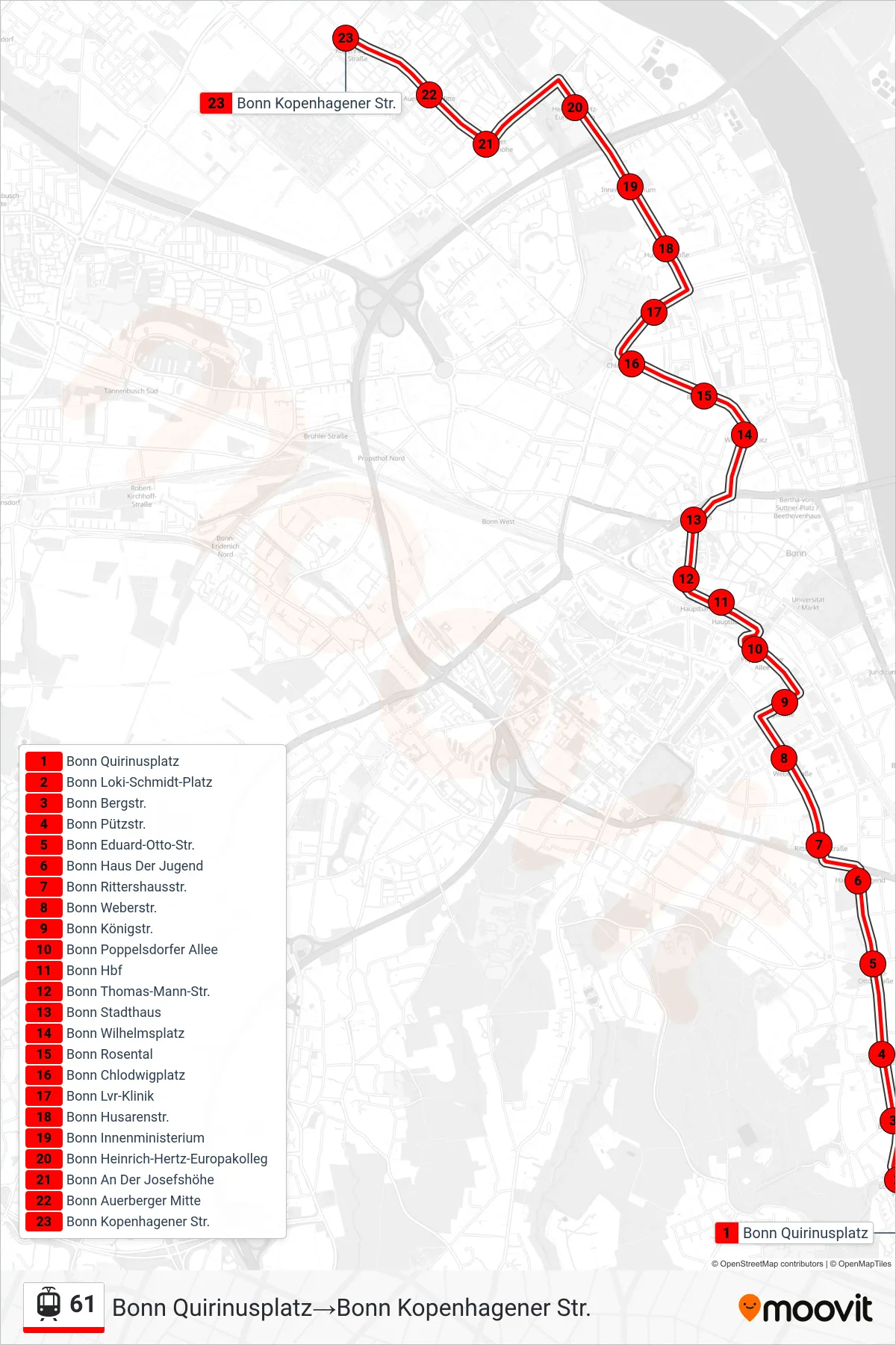 Linie 61 (Straßenbahn) Richtung Bonn Quirinusplatz‎→Bonn Kopenhagener Str.: Route und Haltestellen auf der Karte