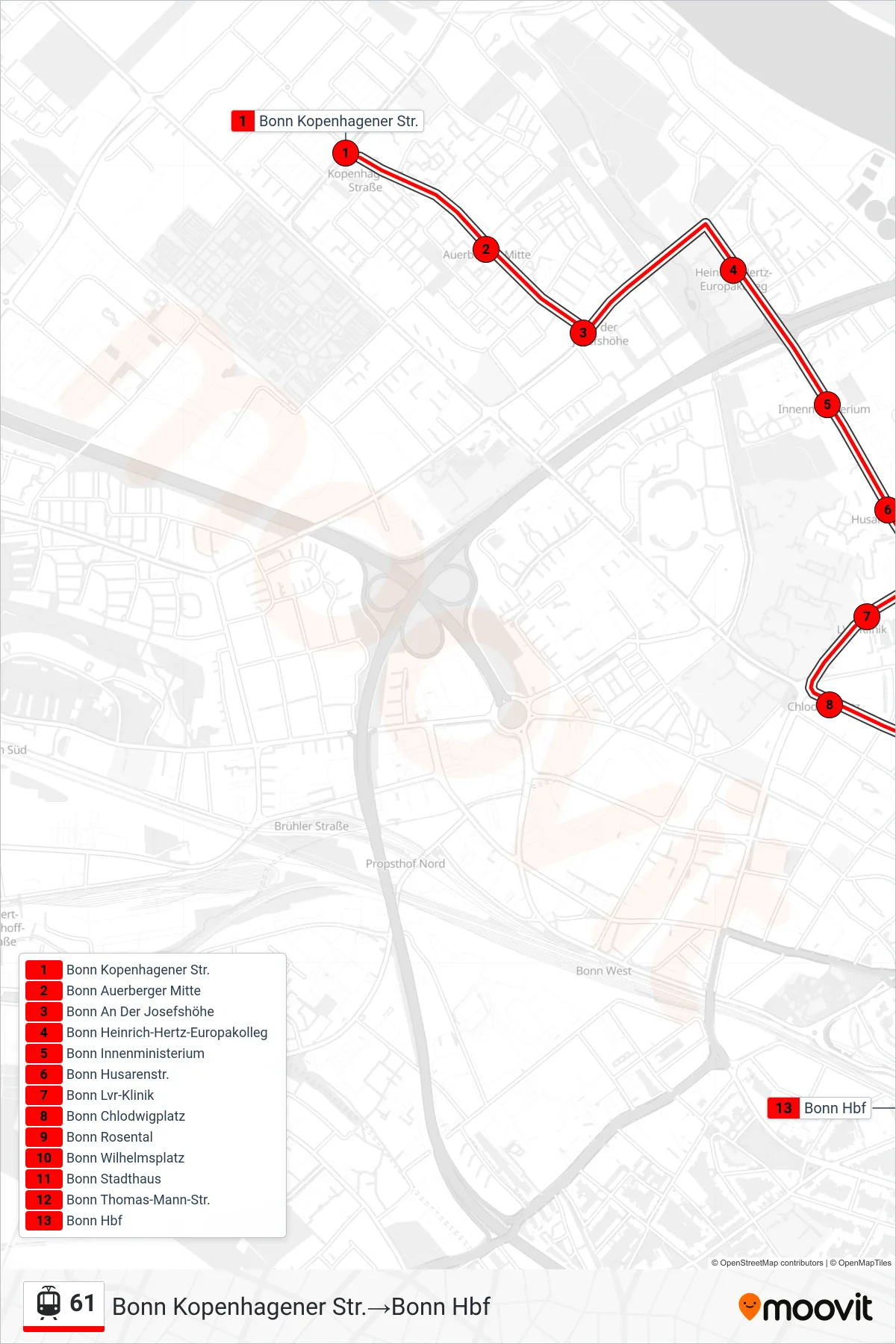 Linie 61 (Straßenbahn) Richtung Bonn Kopenhagener Str.→Bonn Hbf: Route und Haltestellen auf der Karte