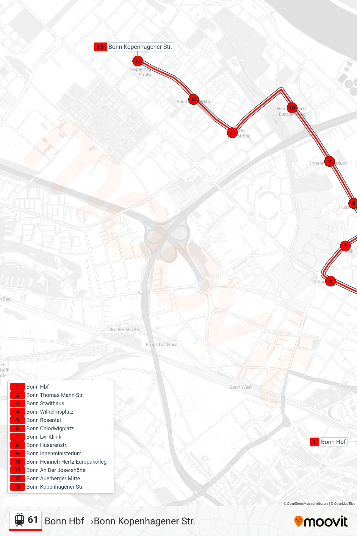 Linie 61 (Straßenbahn) Richtung Bonn Hbf‎→Bonn Kopenhagener Str.: Route und Haltestellen auf der Karte