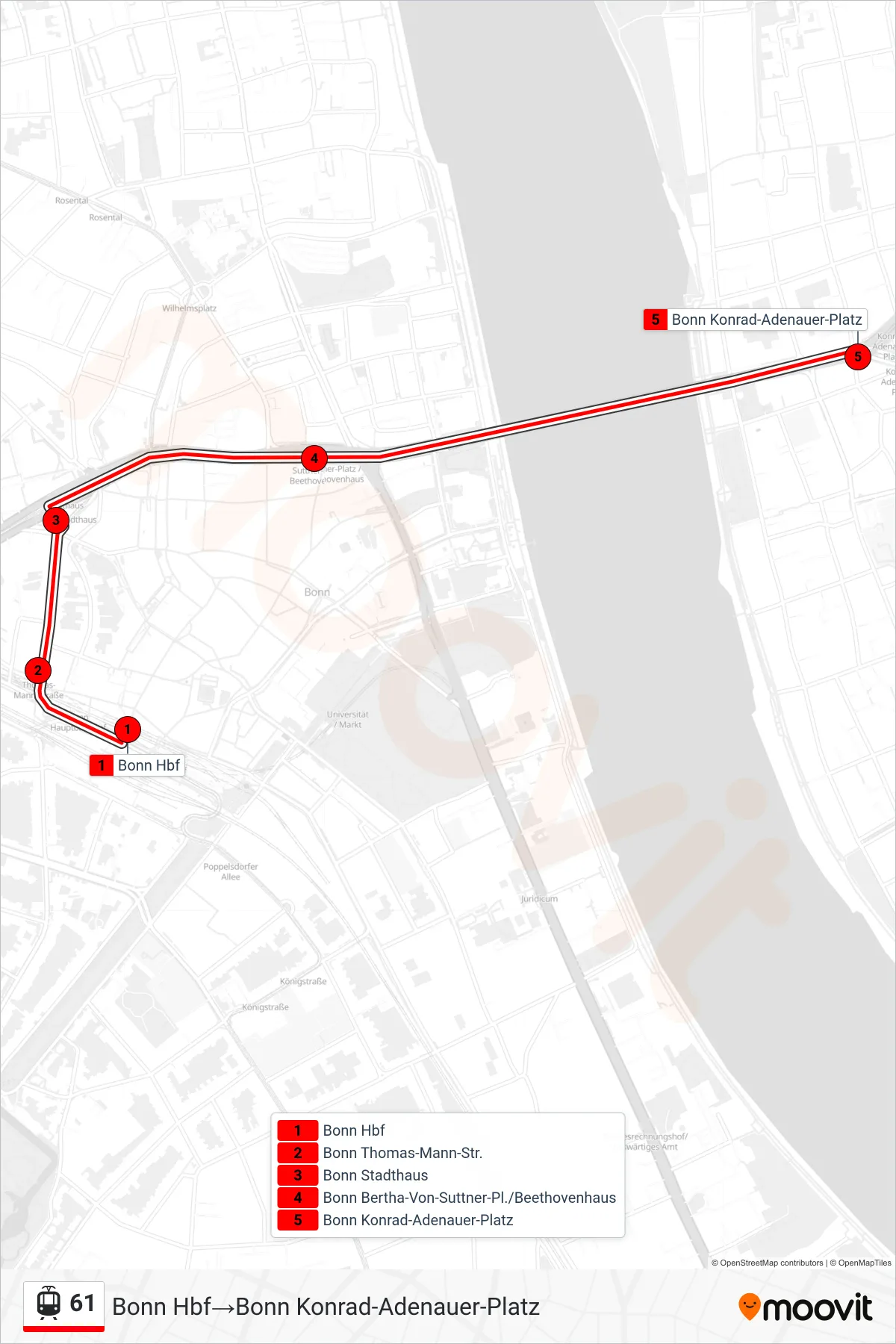 Linie 61 (Straßenbahn) Richtung Bonn Hbf‎→Bonn Konrad-Adenauer-Platz: Route und Haltestellen auf der Karte