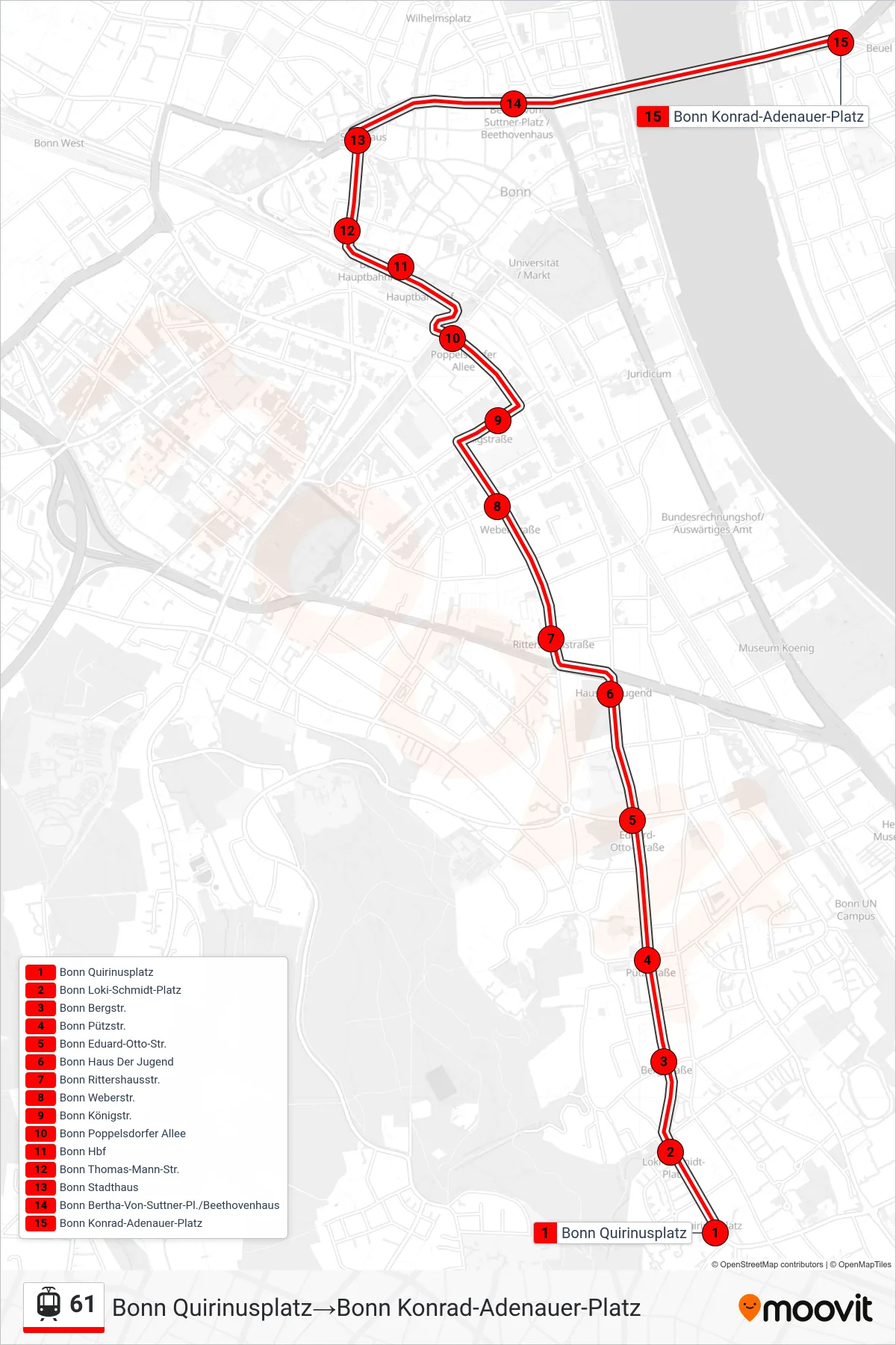 Linie 61 (Straßenbahn) Richtung Bonn Quirinusplatz‎→Bonn Konrad-Adenauer-Platz: Route und Haltestellen auf der Karte