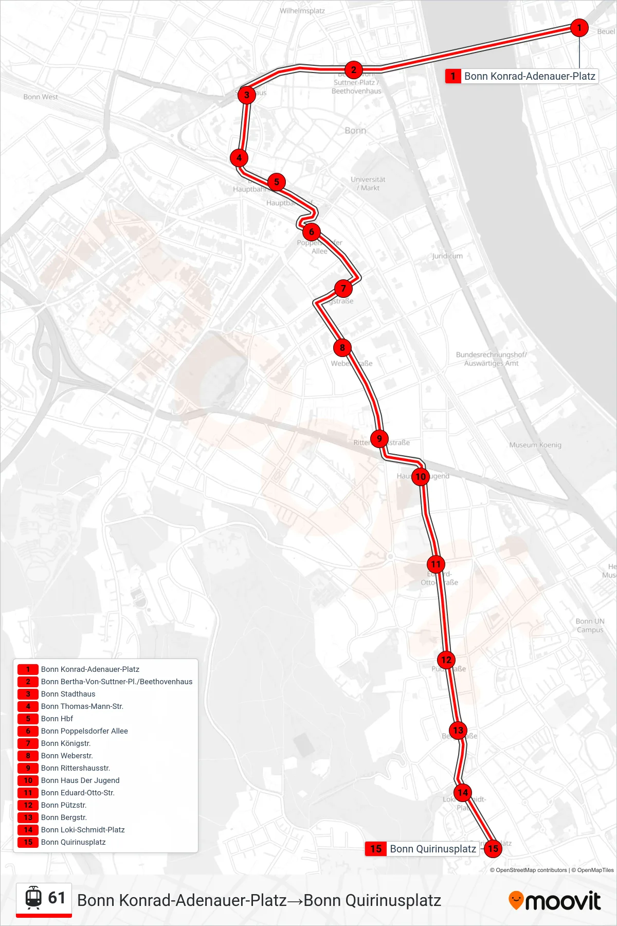 Linie 61 (Straßenbahn) Richtung Bonn Konrad-Adenauer-Platz→Bonn Quirinusplatz: Route und Haltestellen auf der Karte