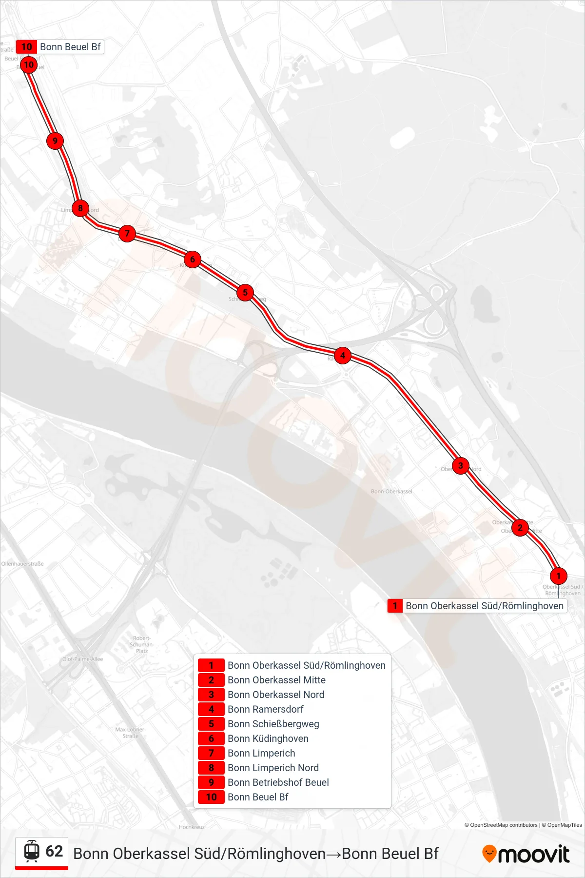 Linie 62 (Straßenbahn) Richtung Bonn Oberkassel Süd/Römlinghoven‎→Bonn Beuel Bf: Route und Haltestellen auf der Karte