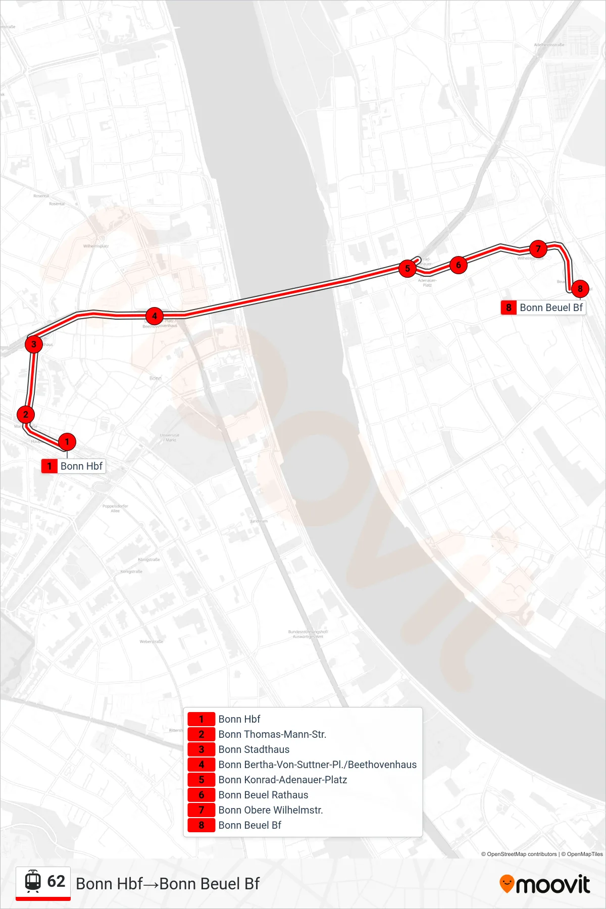 Linie 62 (Straßenbahn) Richtung Bonn Hbf‎→Bonn Beuel Bf: Route und Haltestellen auf der Karte
