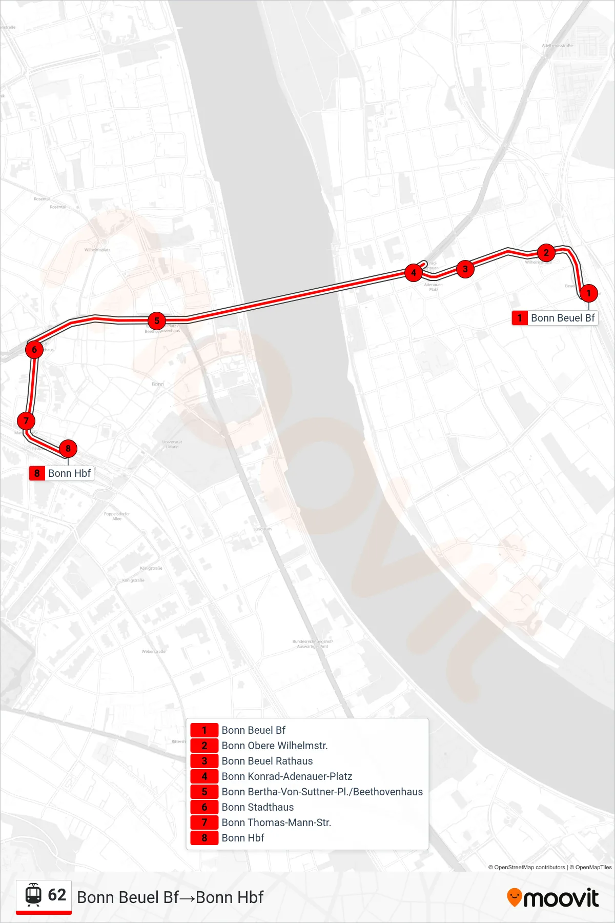 Linie 62 (Straßenbahn) Richtung Bonn Beuel Bf‎→Bonn Hbf: Route und Haltestellen auf der Karte