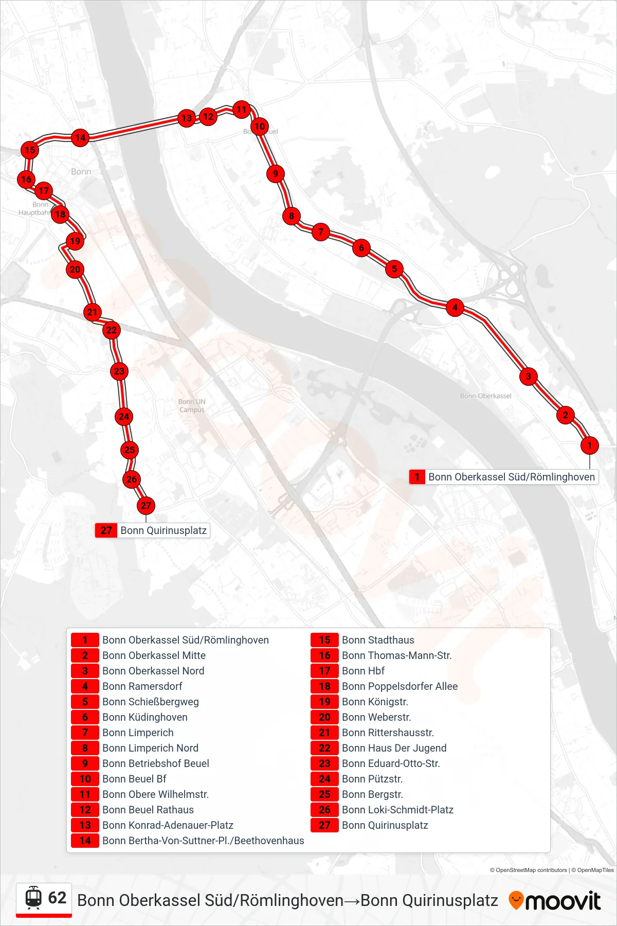 Linie 62 (Straßenbahn) Richtung Bonn Oberkassel Süd/Römlinghoven→Bonn Quirinusplatz: Route und Haltestellen auf der Karte