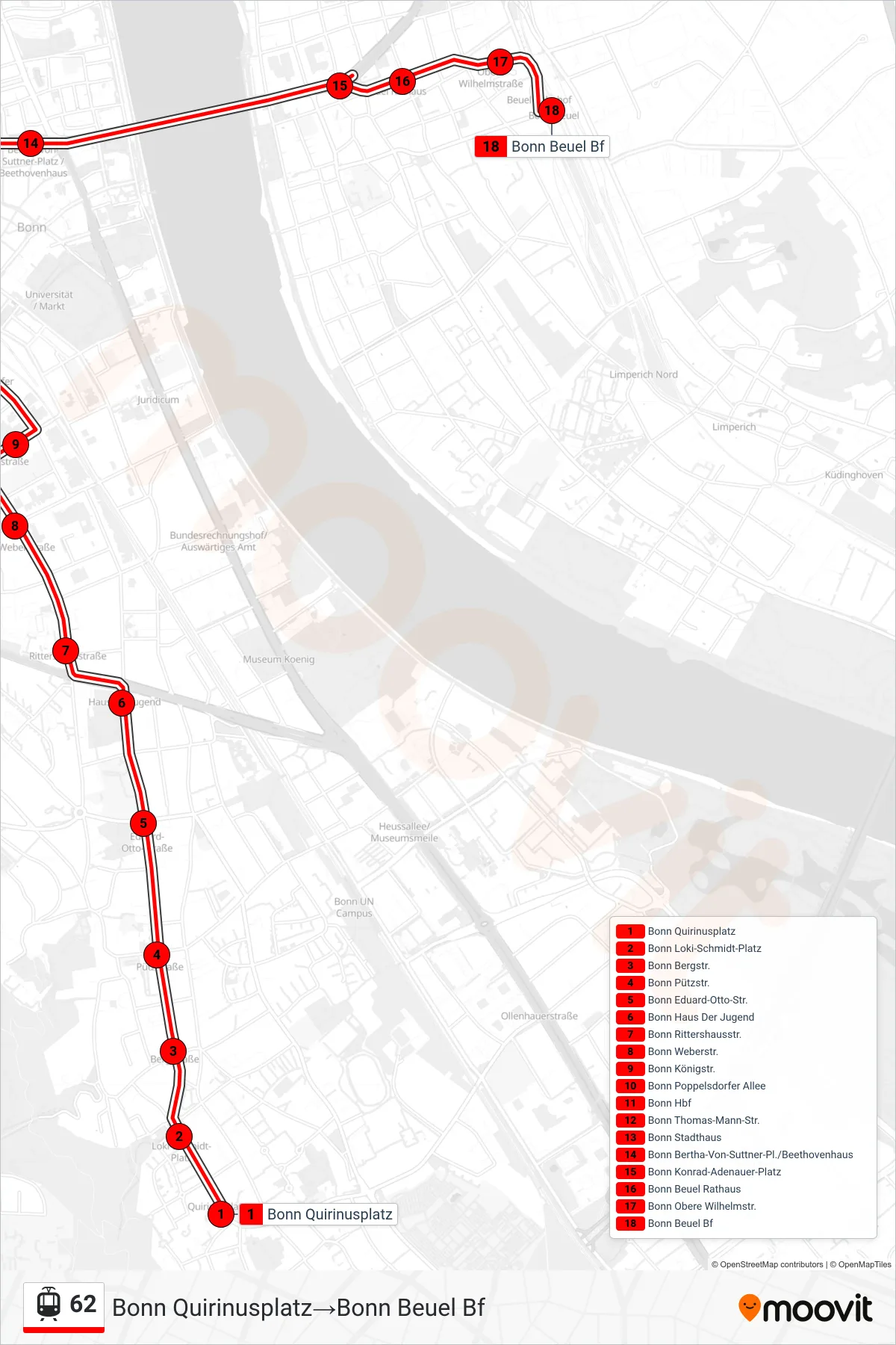 Linie 62 (Straßenbahn) Richtung Bonn Quirinusplatz‎→Bonn Beuel Bf: Route und Haltestellen auf der Karte