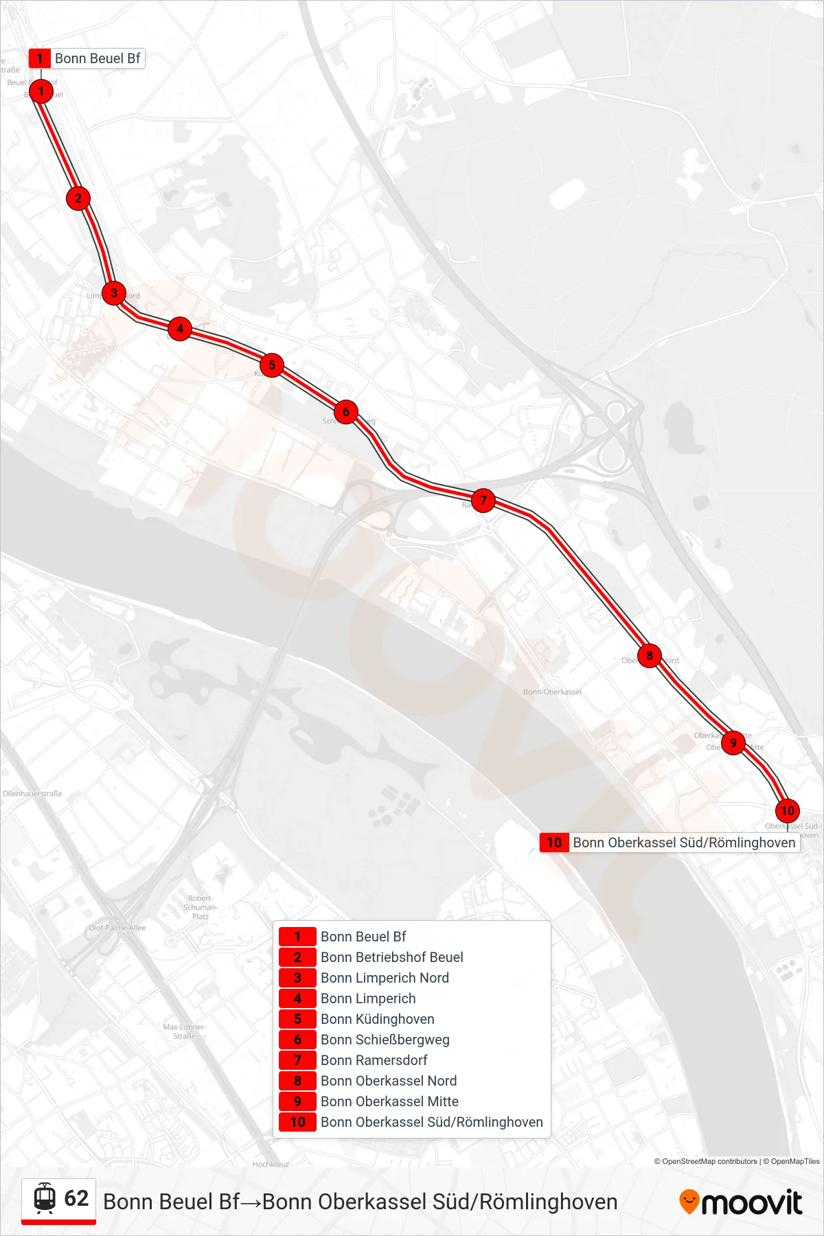 Linie 62 (Straßenbahn) Richtung Bonn Beuel Bf‎→Bonn Oberkassel Süd/Römlinghoven: Route und Haltestellen auf der Karte