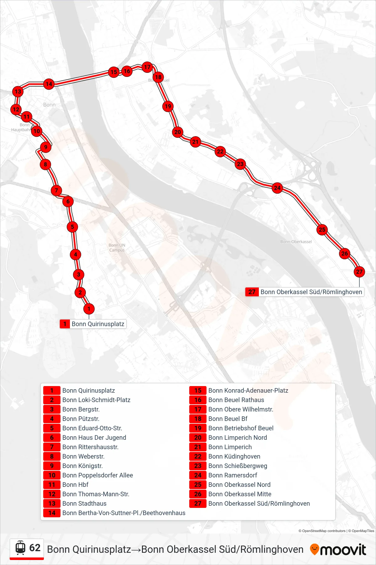 Linie 62 (Straßenbahn) Richtung Bonn Quirinusplatz→Bonn Oberkassel Süd/Römlinghoven: Route und Haltestellen auf der Karte