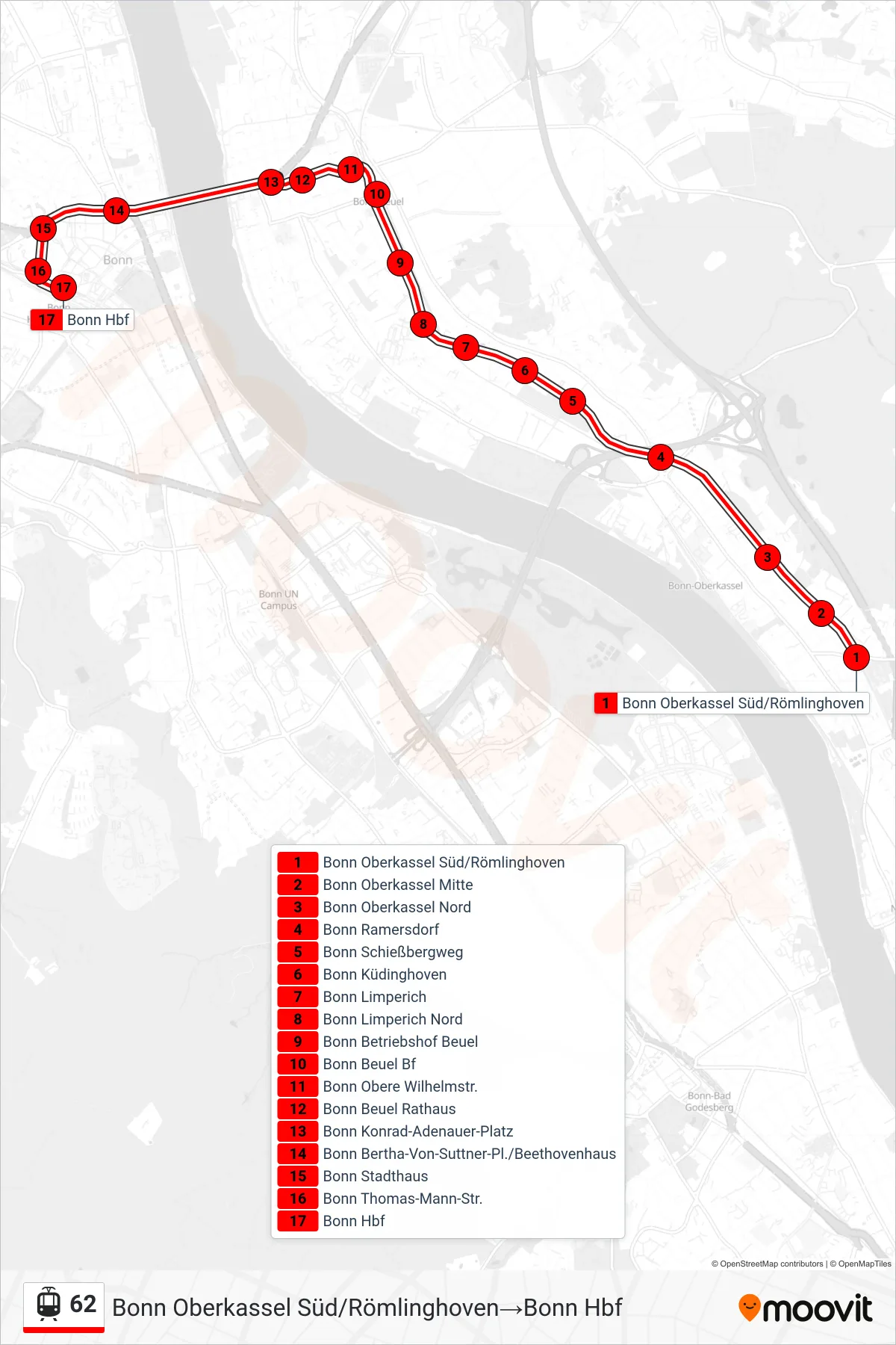 Linie 62 (Straßenbahn) Richtung Bonn Oberkassel Süd/Römlinghoven‎→Bonn Hbf: Route und Haltestellen auf der Karte
