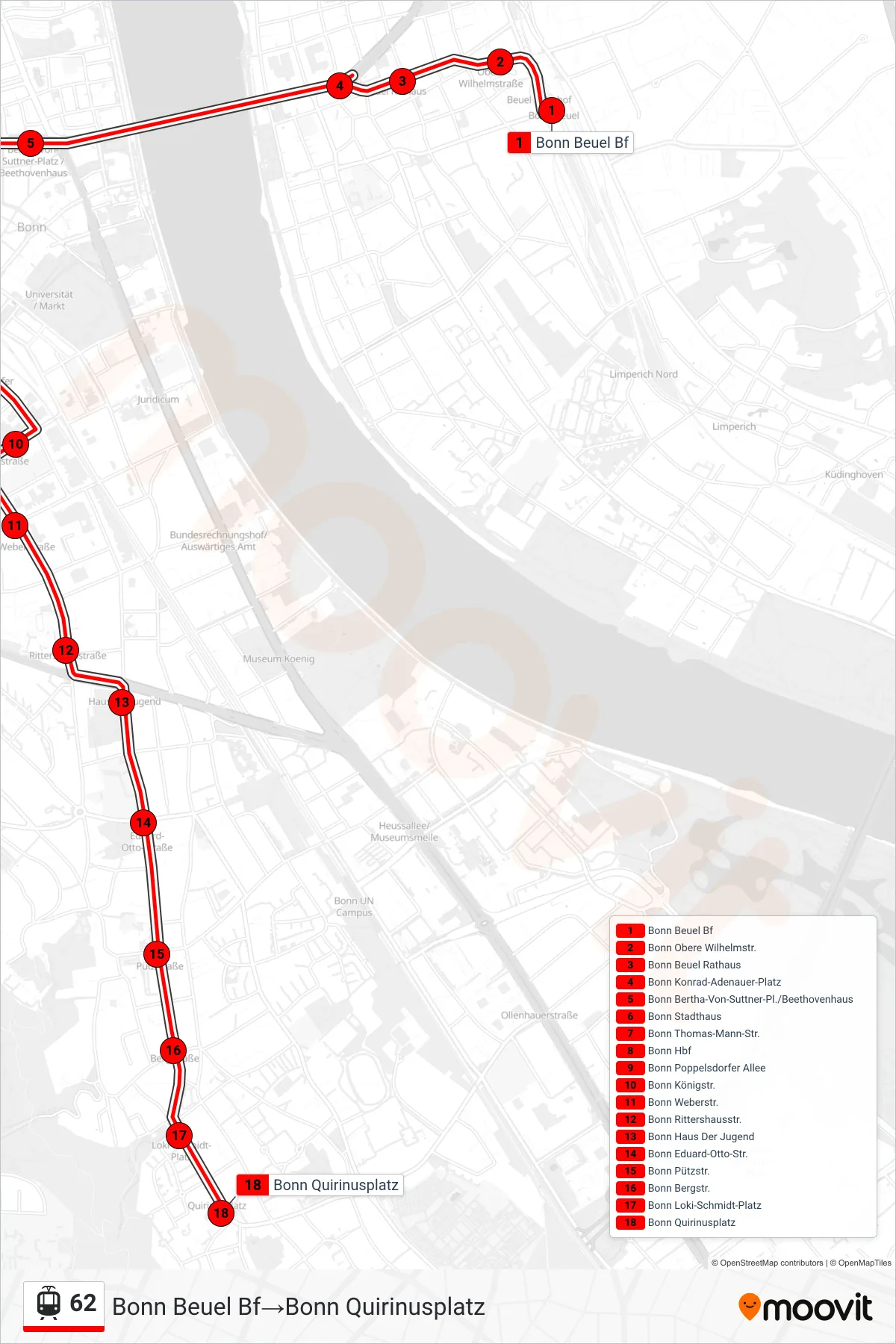 Linie 62 (Tram) Richtung Bonn Beuel Bf→Bonn Quirinusplatz: Route und Haltestellen auf der Karte