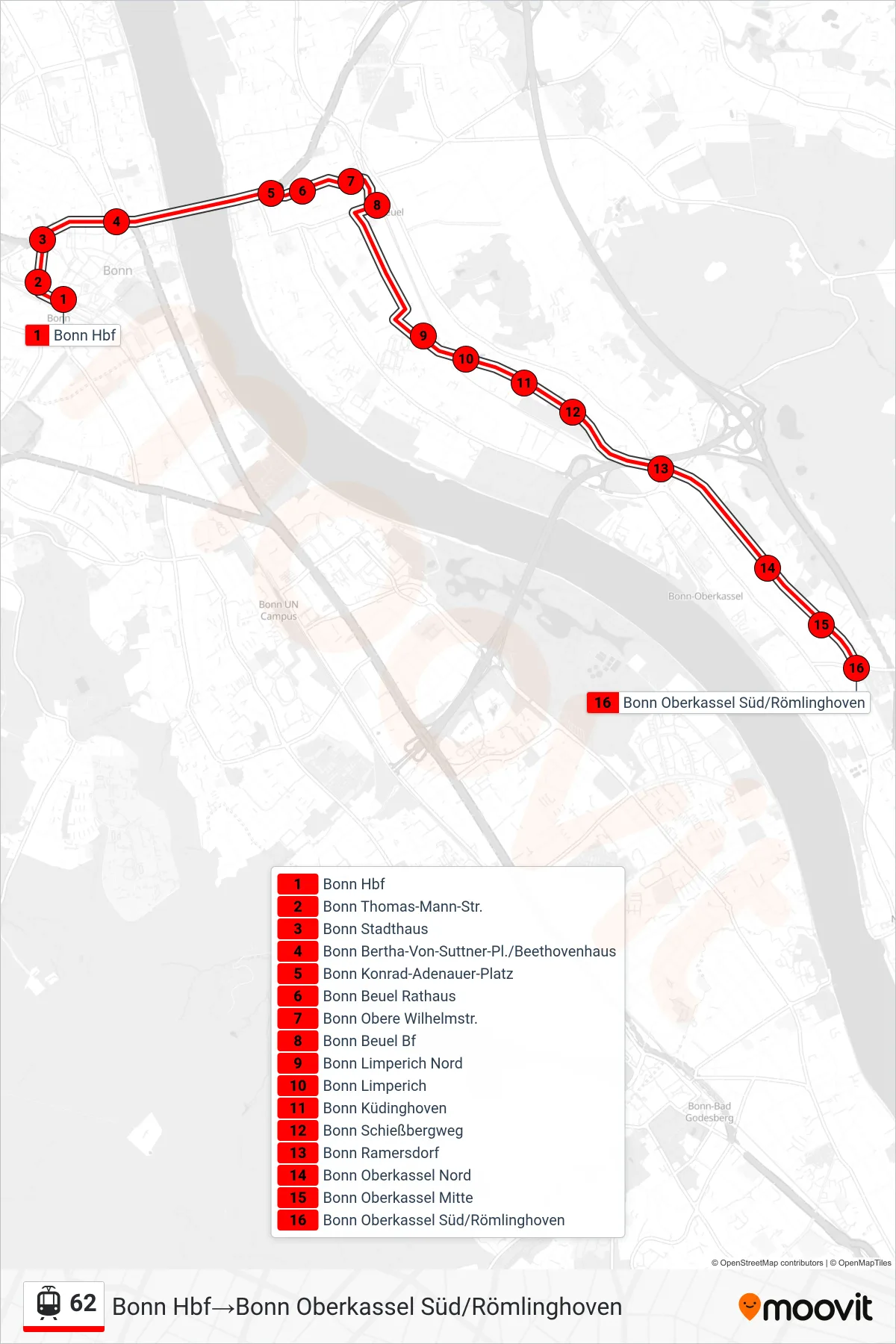Linie 62 (Straßenbahn) Richtung Bonn Hbf→Bonn Oberkassel Süd/Römlinghoven: Route und Haltestellen auf der Karte