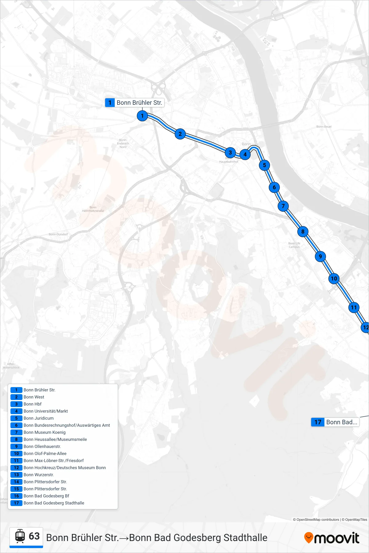 Linie 63 (Tram) Richtung Bonn Brühler Str.‎→Bonn Bad Godesberg Stadthalle: Route und Haltestellen auf der Karte