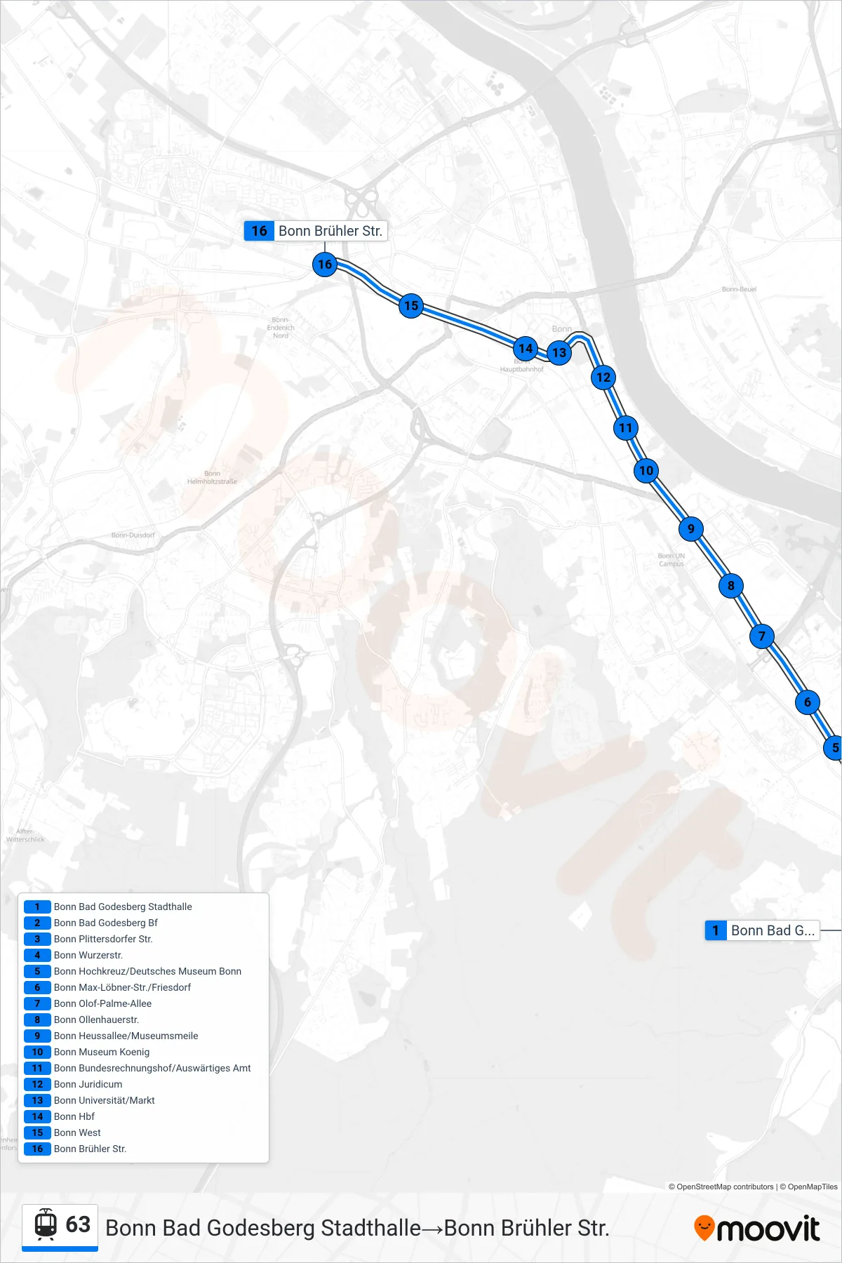 Linie 63 (Straßenbahn) Richtung Bonn Bad Godesberg Stadthalle→Bonn Brühler Str.: Route und Haltestellen auf der Karte