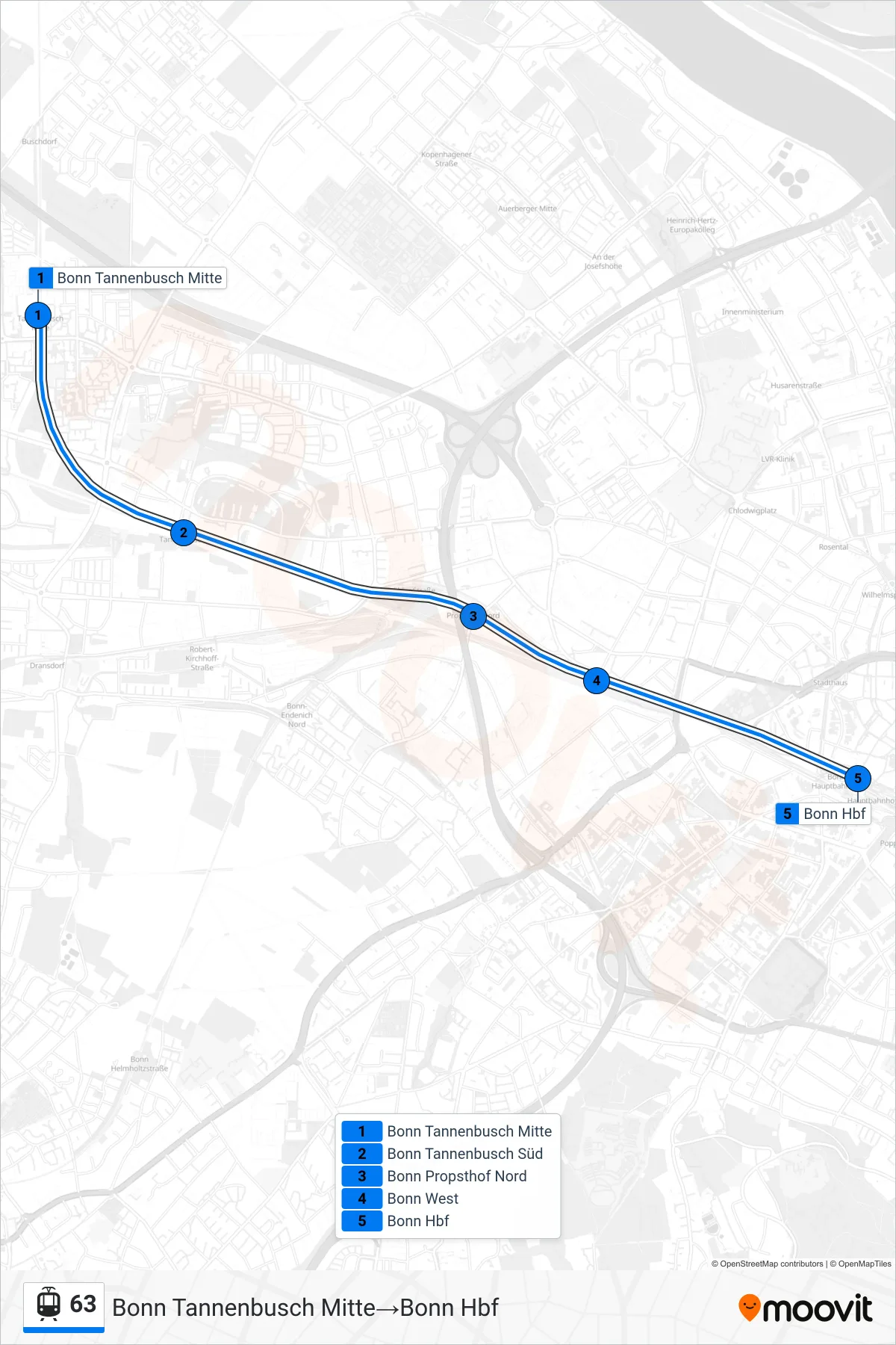 63 tram Line (Bonn Tannenbusch Mitte→Bonn Hbf) route and stops on a map