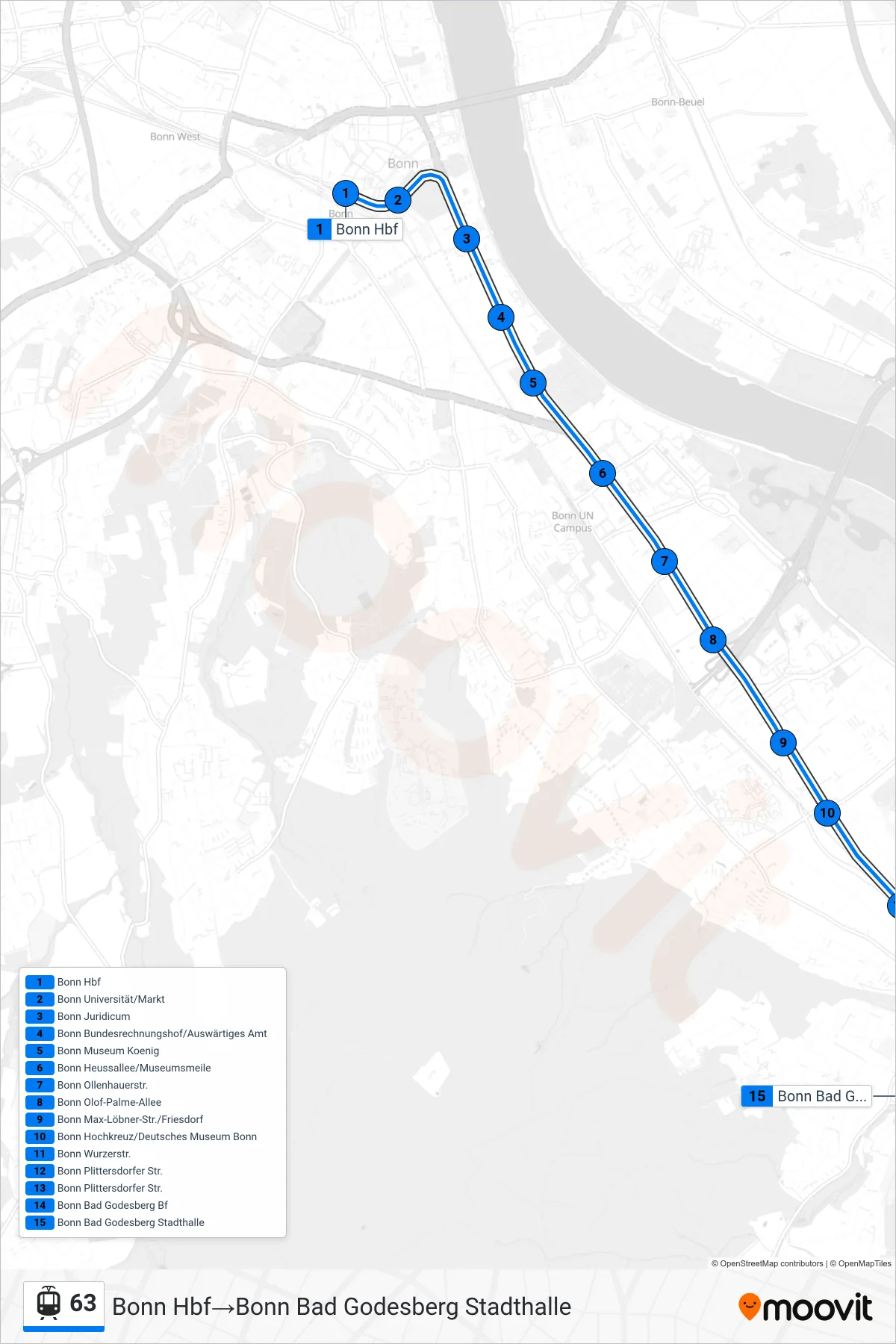 Linie 63 (Straßenbahn) Richtung Bonn Hbf→Bonn Bad Godesberg Stadthalle: Route und Haltestellen auf der Karte