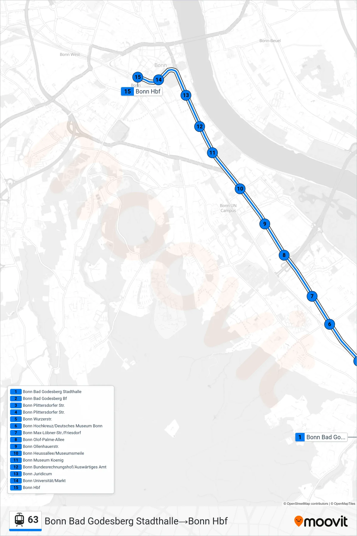 63 tram Line (Bonn Bad Godesberg Stadthalle→Bonn Hbf) route and stops on a map