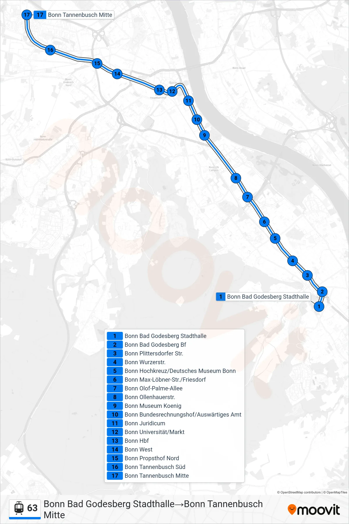 63 tram Line (Bonn Bad Godesberg Stadthalle→Bonn Tannenbusch Mitte) route and stops on a map