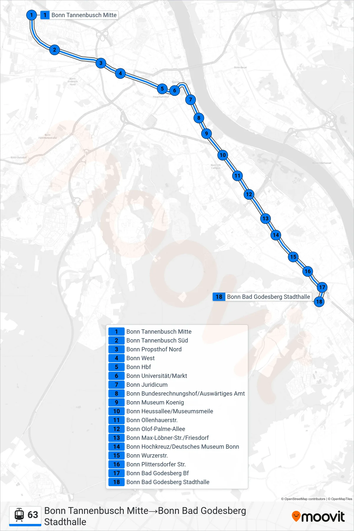 63 light rail Line (Bonn Tannenbusch Mitte→Bonn Bad Godesberg Stadthalle) route and stops on a map