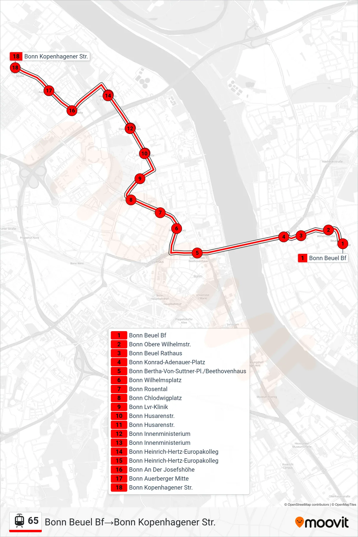 Linie 65 (Straßenbahn) Richtung Bonn Beuel Bf→Bonn Kopenhagener Str.: Route und Haltestellen auf der Karte