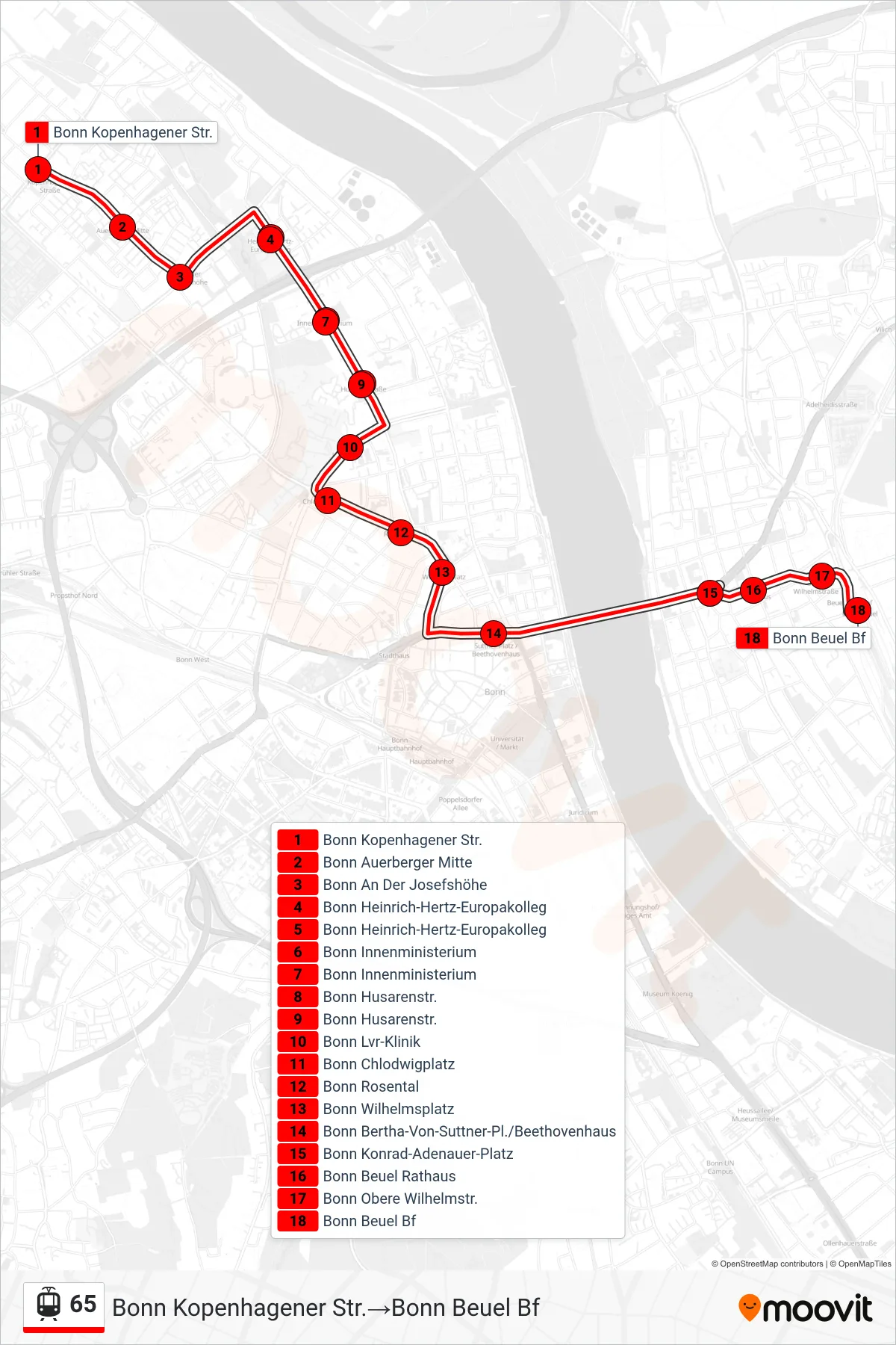 65 tram Line (Bonn Kopenhagener Str.→Bonn Beuel Bf) route and stops on a map