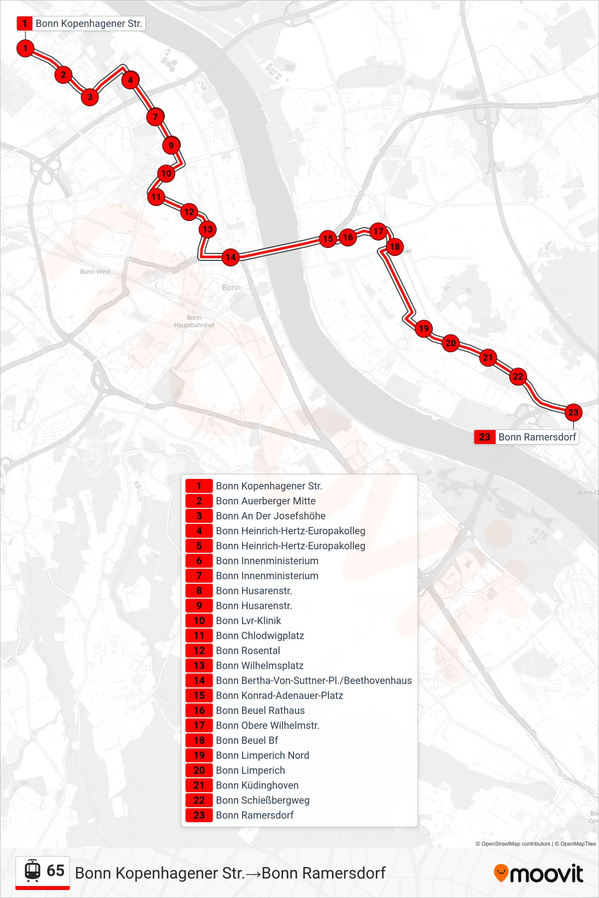 Linie 65 (Tram) Richtung Bonn Kopenhagener Str.→Bonn Ramersdorf: Route und Haltestellen auf der Karte