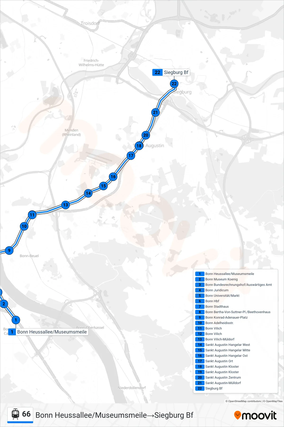 Linie 66 (Straßenbahn) Richtung Bonn Heussallee/Museumsmeile→Siegburg Bf: Route und Haltestellen auf der Karte