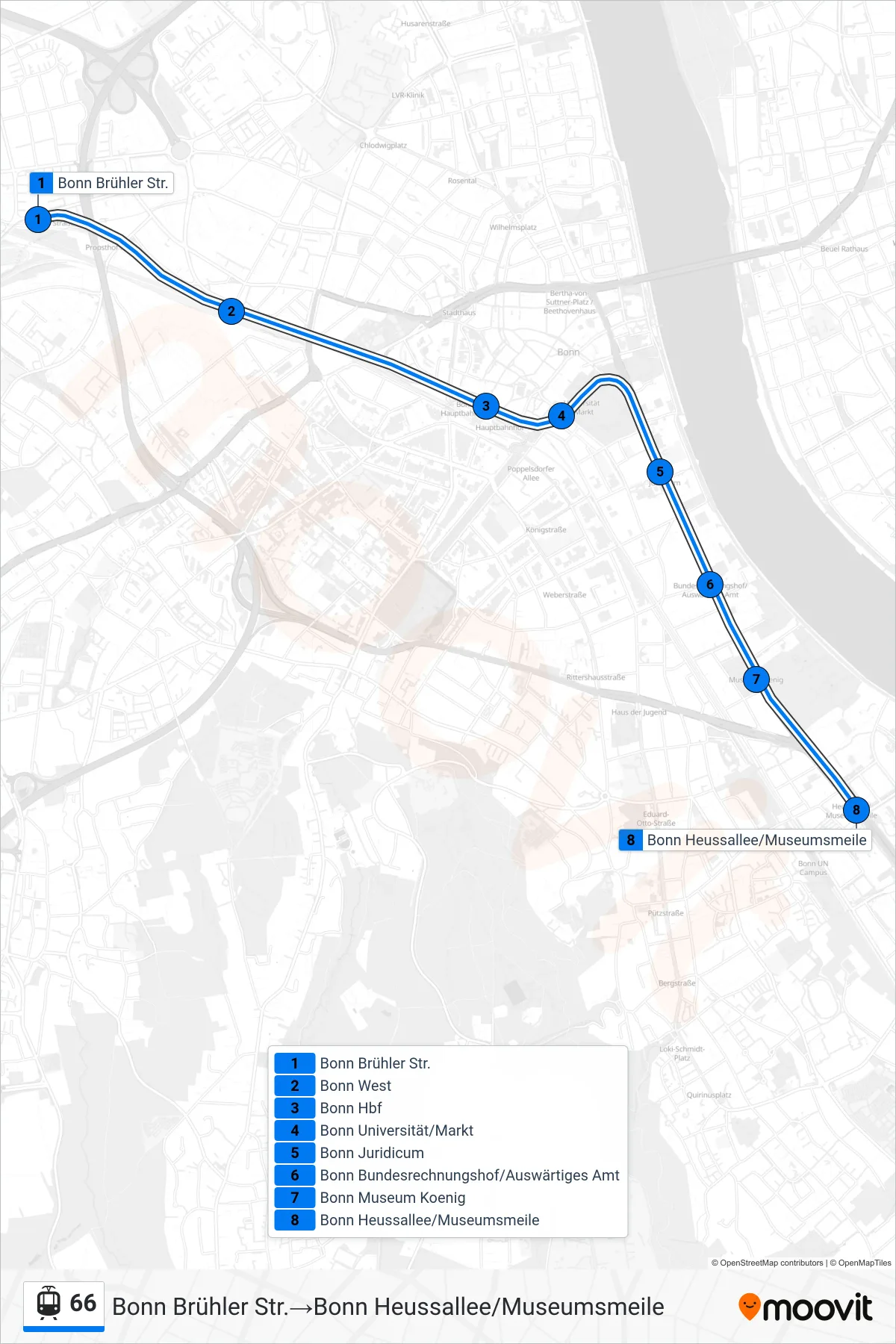 Linie 66 (Tram) Richtung Bonn Brühler Str.→Bonn Heussallee/Museumsmeile: Route und Haltestellen auf der Karte