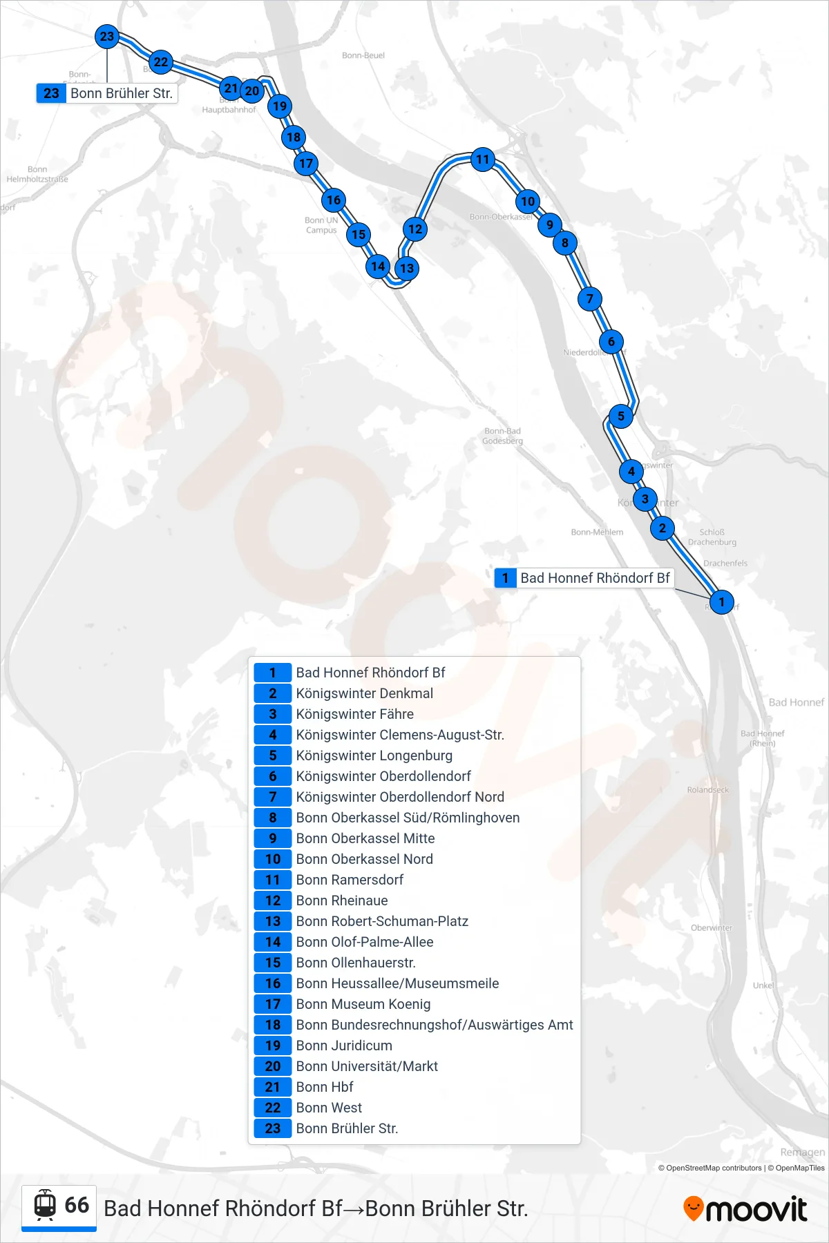 Linie 66 (Straßenbahn) Richtung Bad Honnef Rhöndorf Bf→Bonn Brühler Str.: Route und Haltestellen auf der Karte