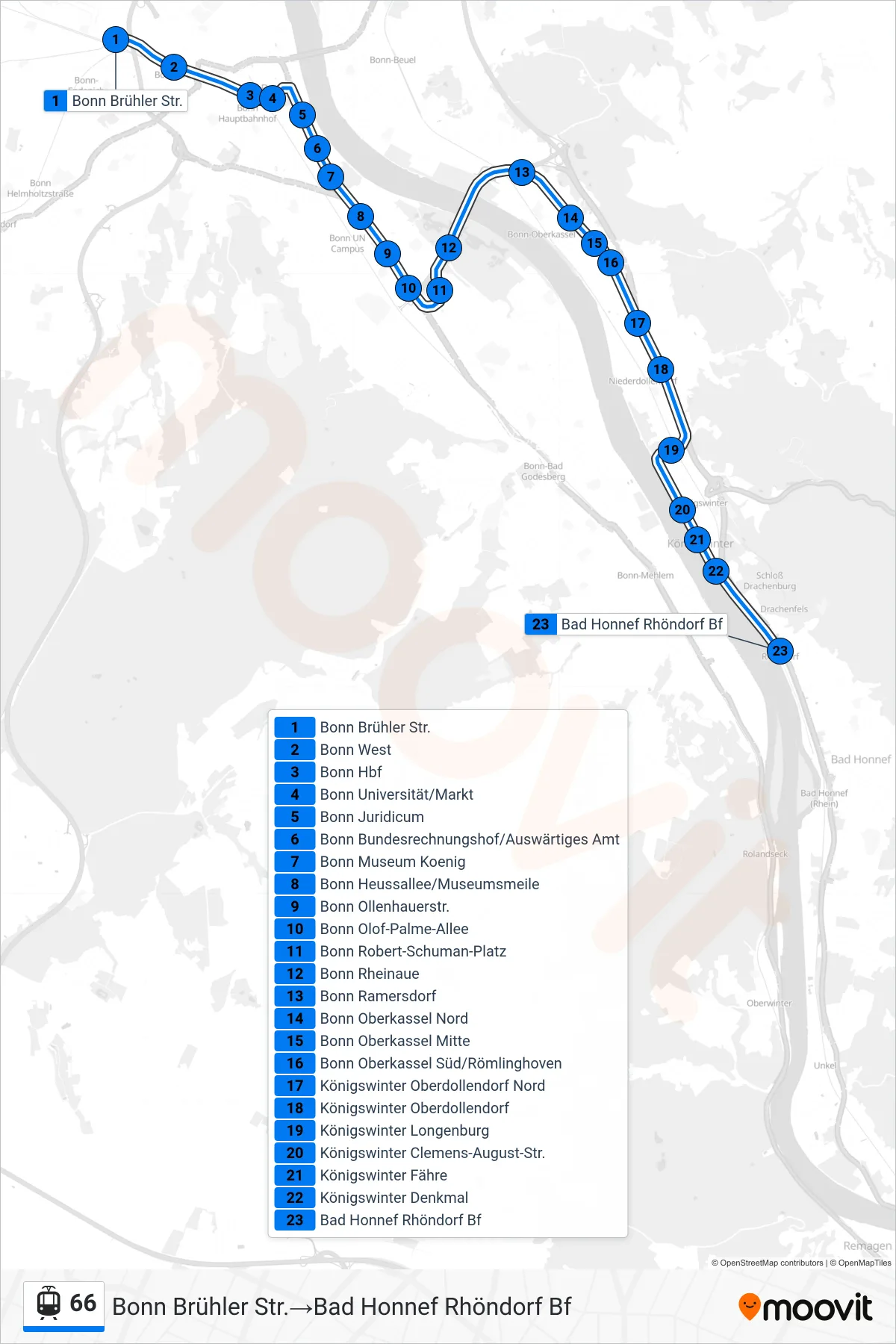 Linie 66 (Tram) Richtung Bonn Brühler Str.→Bad Honnef Rhöndorf Bf: Route und Haltestellen auf der Karte