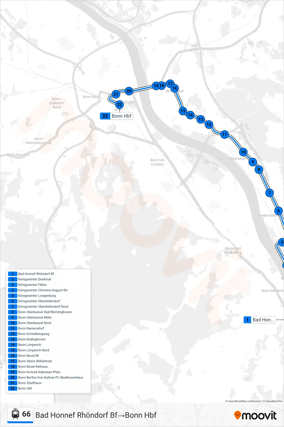 Linie 66 (Straßenbahn) Richtung Bad Honnef Rhöndorf Bf→Bonn Hbf: Route und Haltestellen auf der Karte
