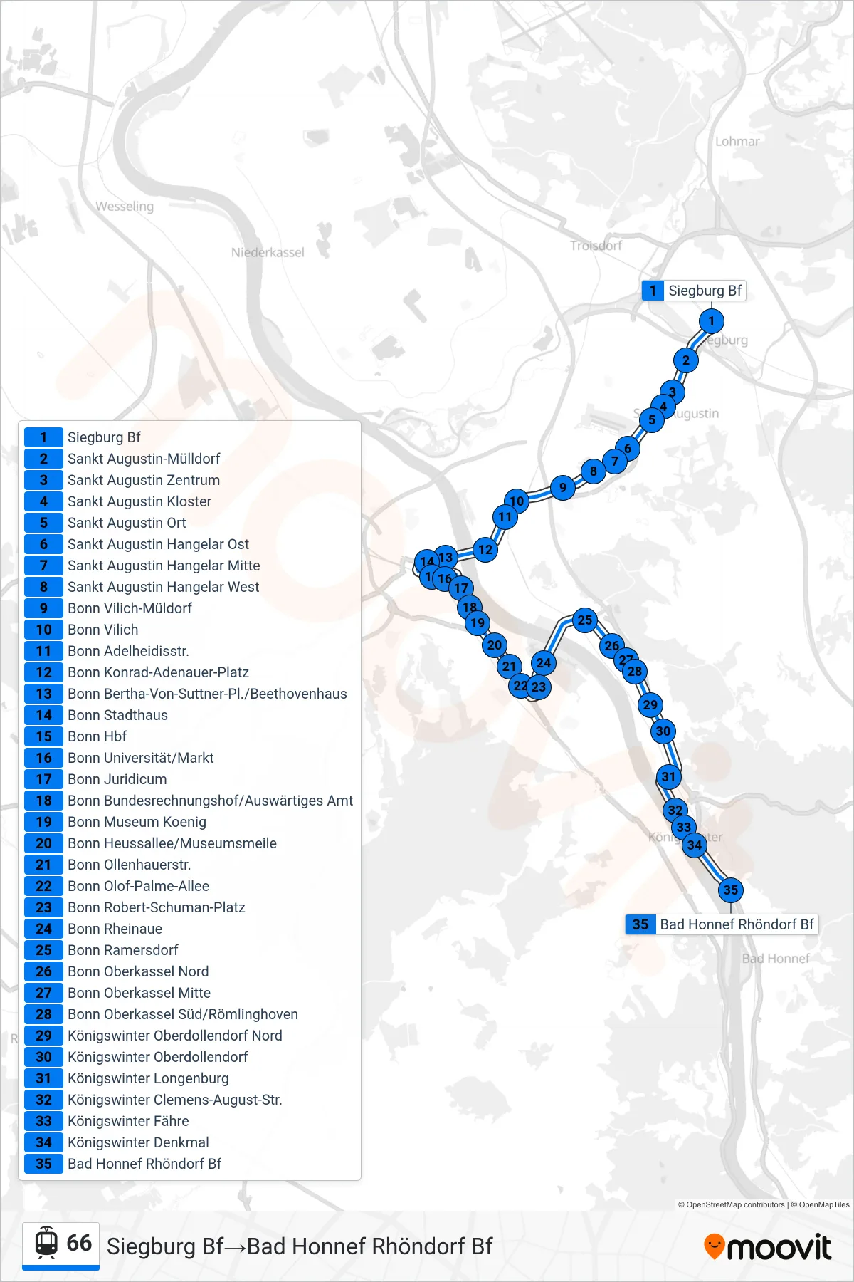 Linie 66 (Tram) Richtung Siegburg Bf‎→Bad Honnef Rhöndorf Bf: Route und Haltestellen auf der Karte